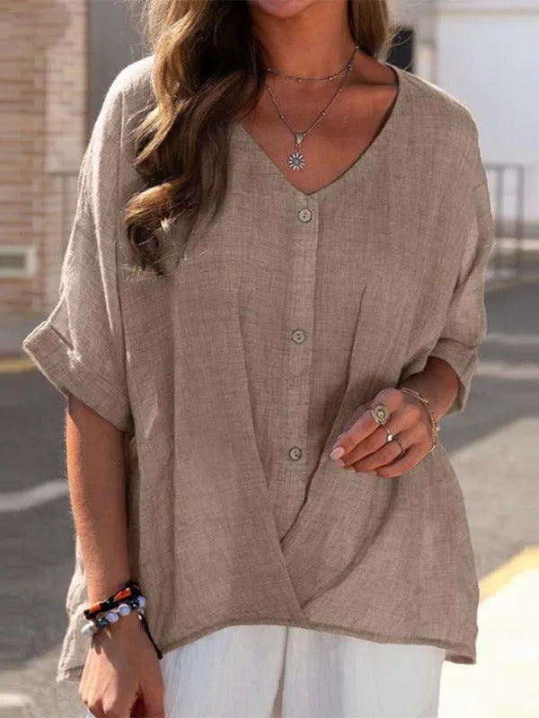 Half Sleeve Loose V Neck Casual Women Top