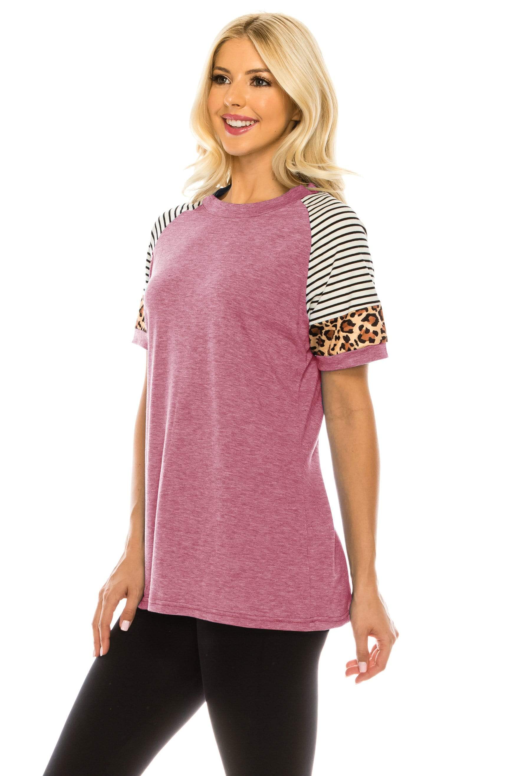 Haute Edition Women's Crew Neck Color Block Leopard Top. Plue Sizes Available