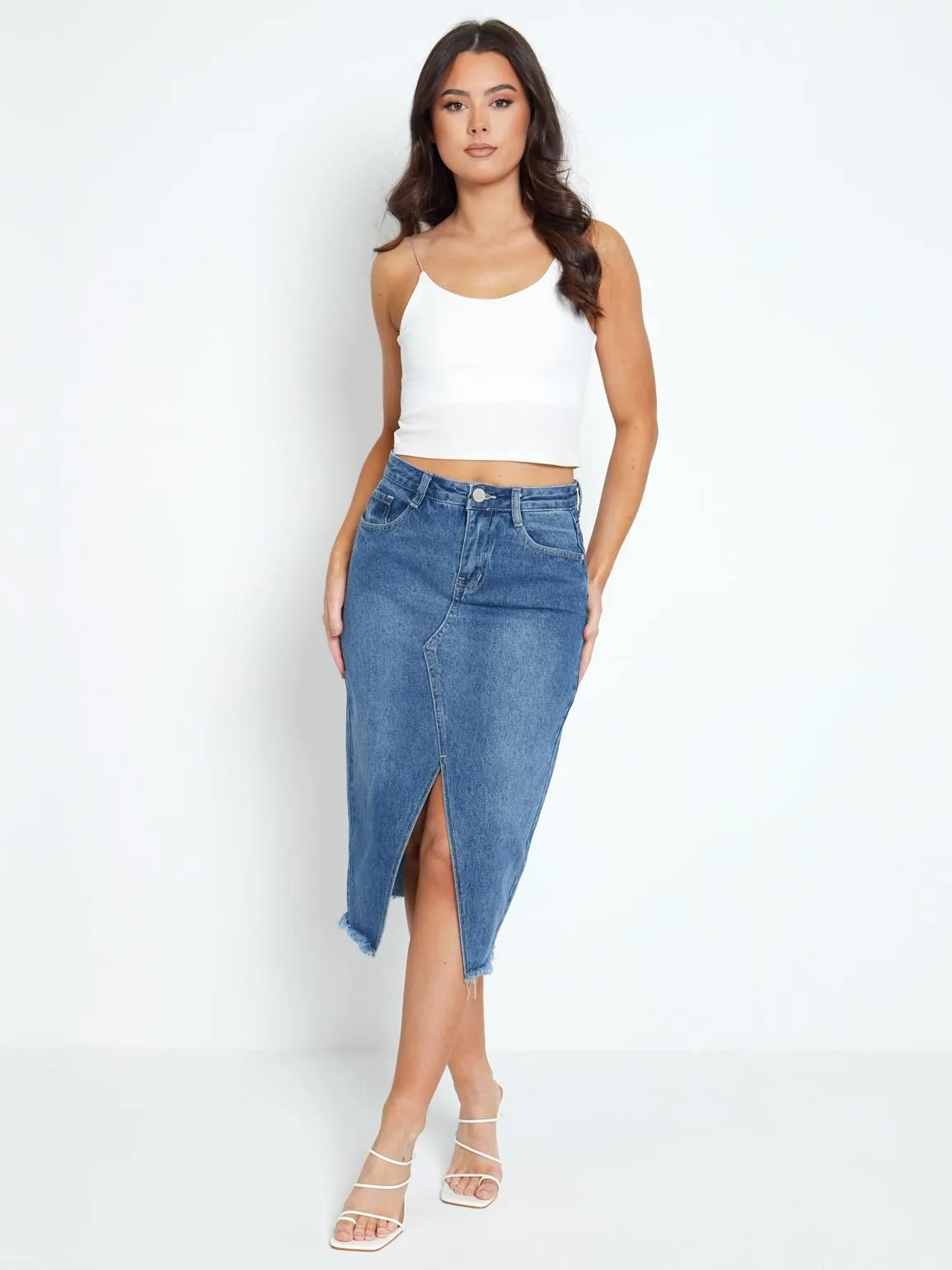 High Waist Denim Skirt Staight Pencil with Front Split, UK Sizes 6 to 14