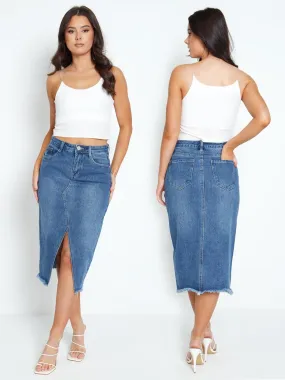 High Waist Denim Skirt Staight Pencil with Front Split, UK Sizes 6 to 14