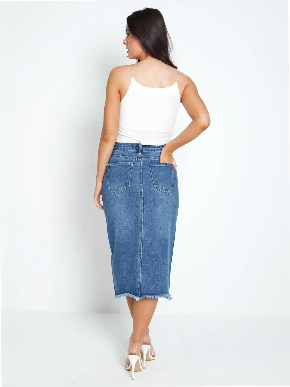 High Waist Denim Skirt Staight Pencil with Front Split, UK Sizes 6 to 14