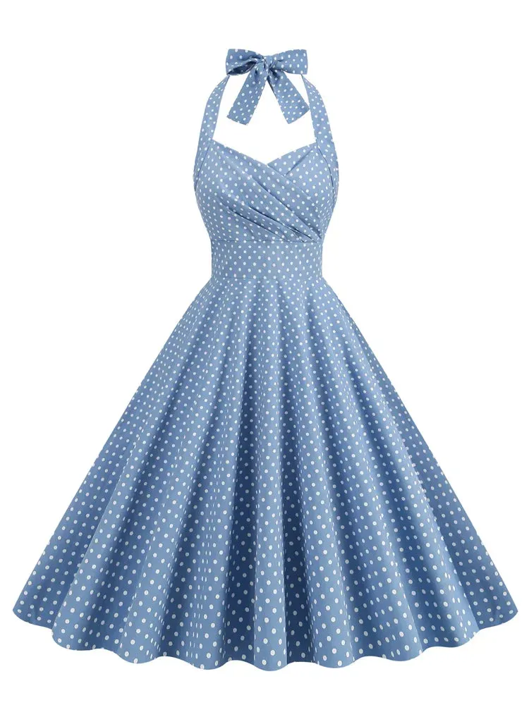 High Waist Vintage Polka Dot 50s Swing Dresses for Women New In Halter Neck Tie Back Pocket Cotton Dress