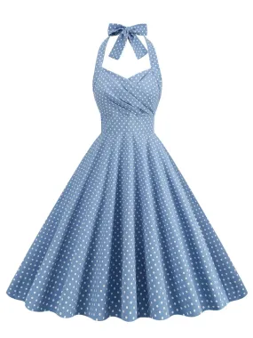 High Waist Vintage Polka Dot 50s Swing Dresses for Women New In Halter Neck Tie Back Pocket Cotton Dress