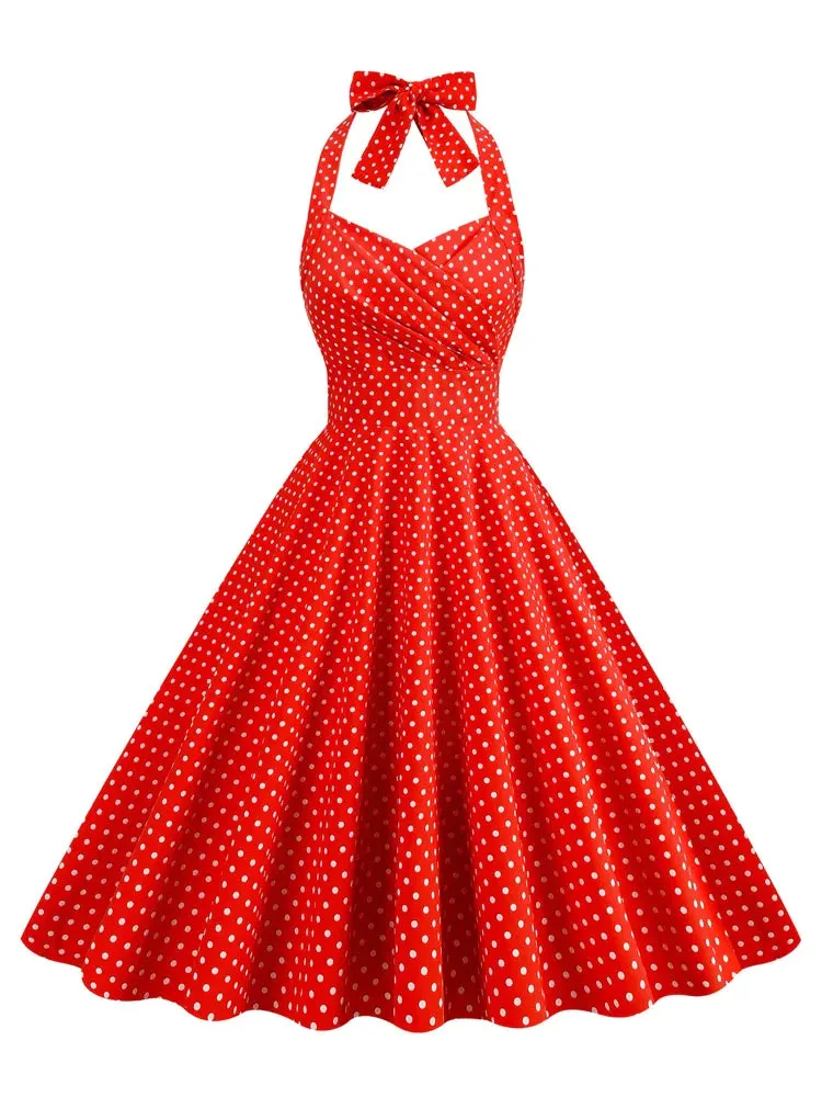 High Waist Vintage Polka Dot 50s Swing Dresses for Women New In Halter Neck Tie Back Pocket Cotton Dress