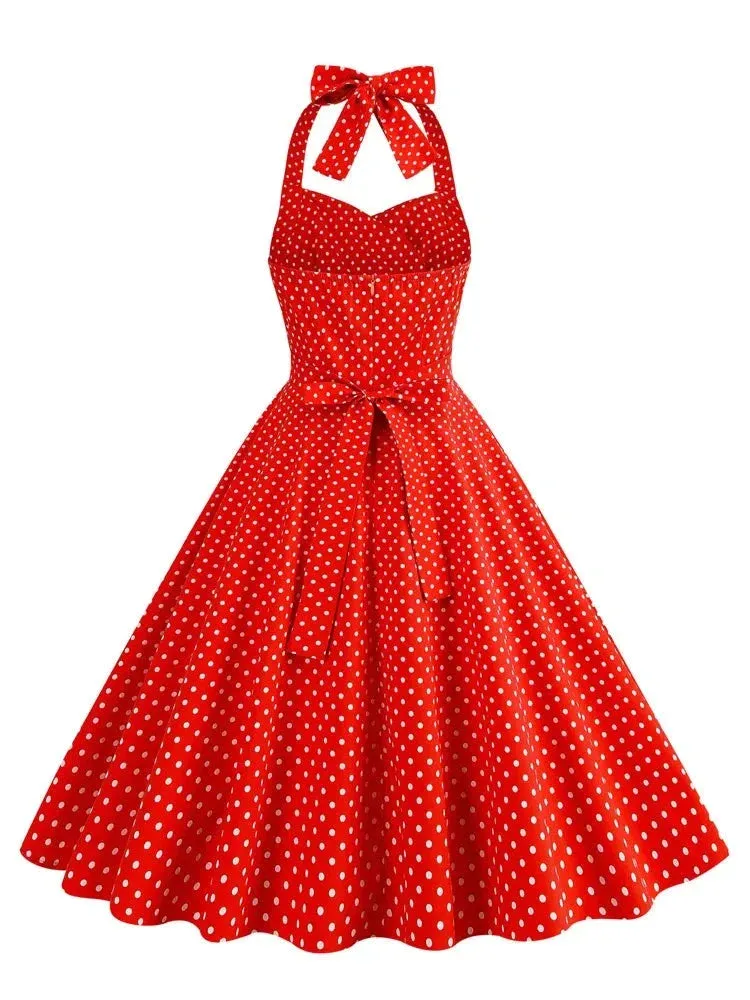 High Waist Vintage Polka Dot 50s Swing Dresses for Women New In Halter Neck Tie Back Pocket Cotton Dress