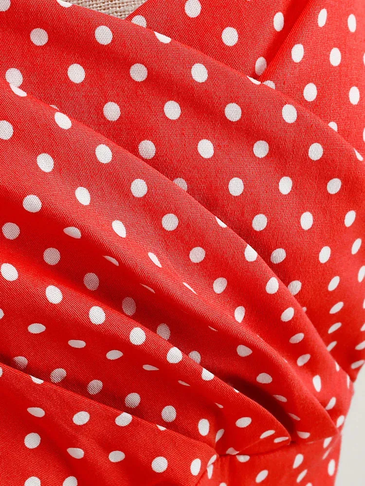 High Waist Vintage Polka Dot 50s Swing Dresses for Women New In Halter Neck Tie Back Pocket Cotton Dress