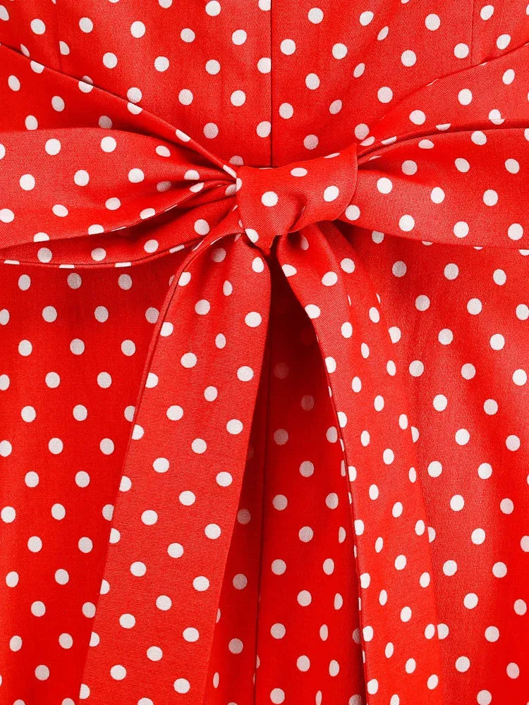 High Waist Vintage Polka Dot 50s Swing Dresses for Women New In Halter Neck Tie Back Pocket Cotton Dress