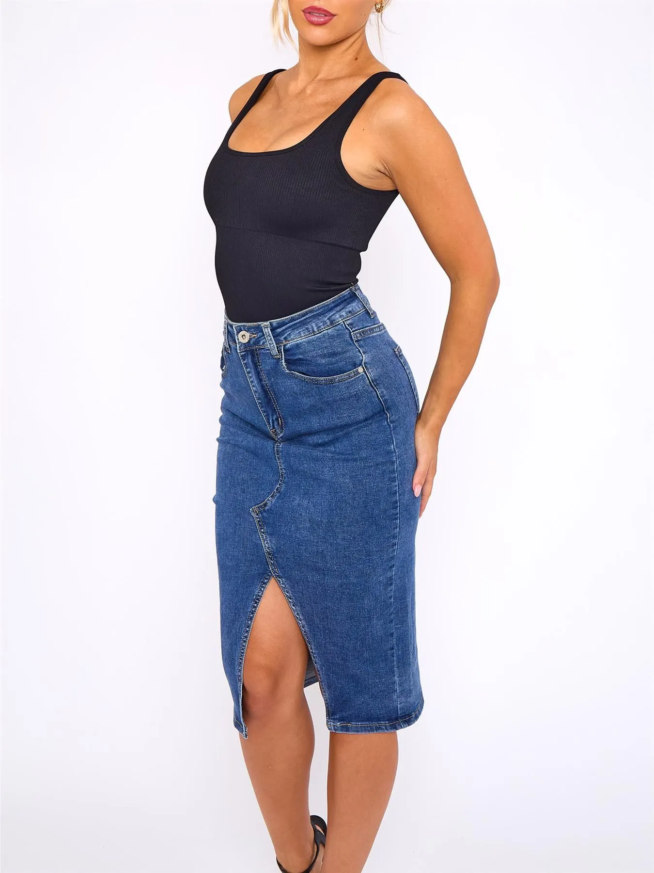 High Waisted Stretch Denim Pencil Skirt, Mid Blue, UK Sizes 6 to 14