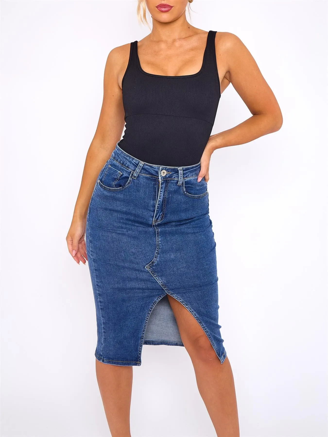 High Waisted Stretch Denim Pencil Skirt, Mid Blue, UK Sizes 6 to 14