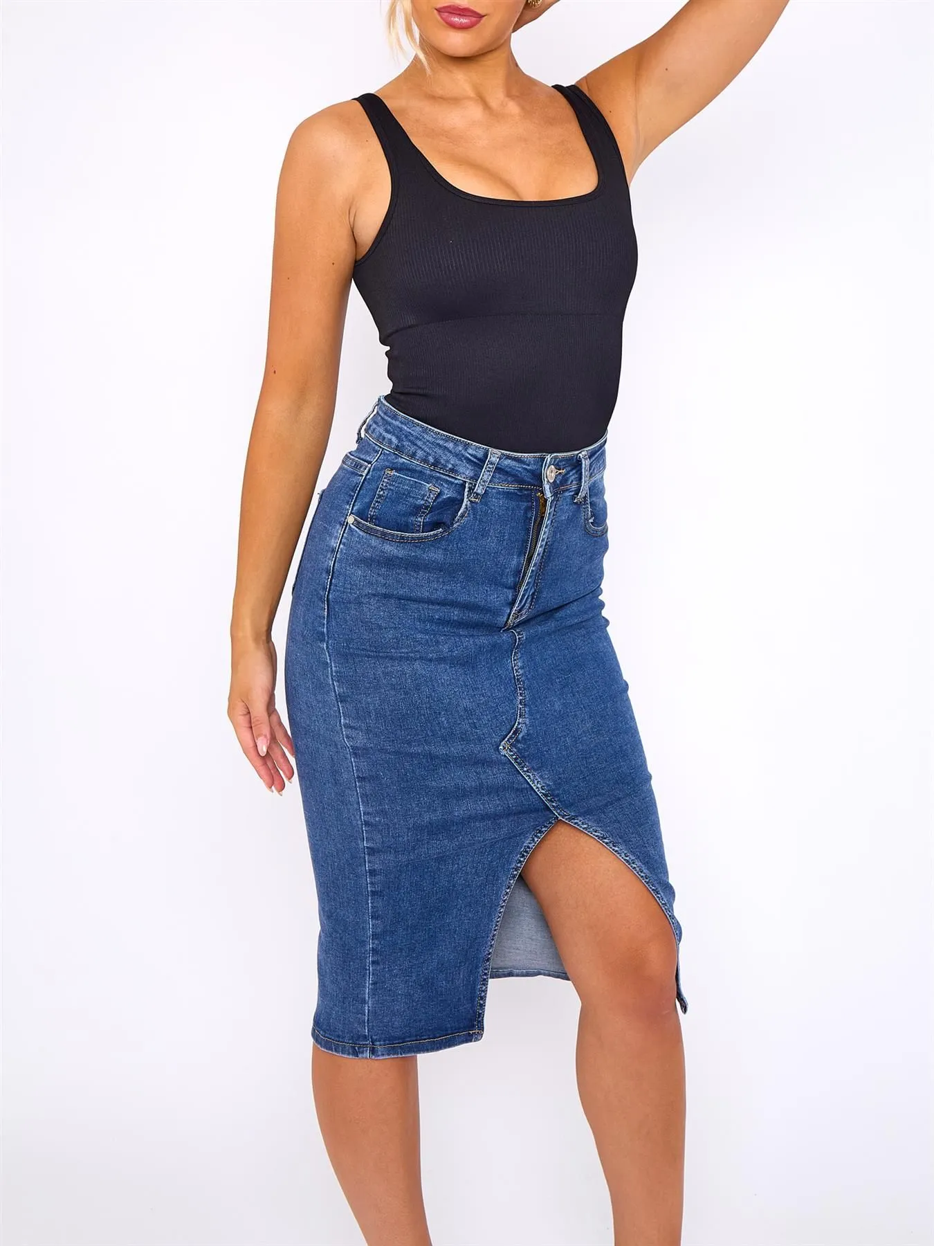 High Waisted Stretch Denim Pencil Skirt, Mid Blue, UK Sizes 6 to 14