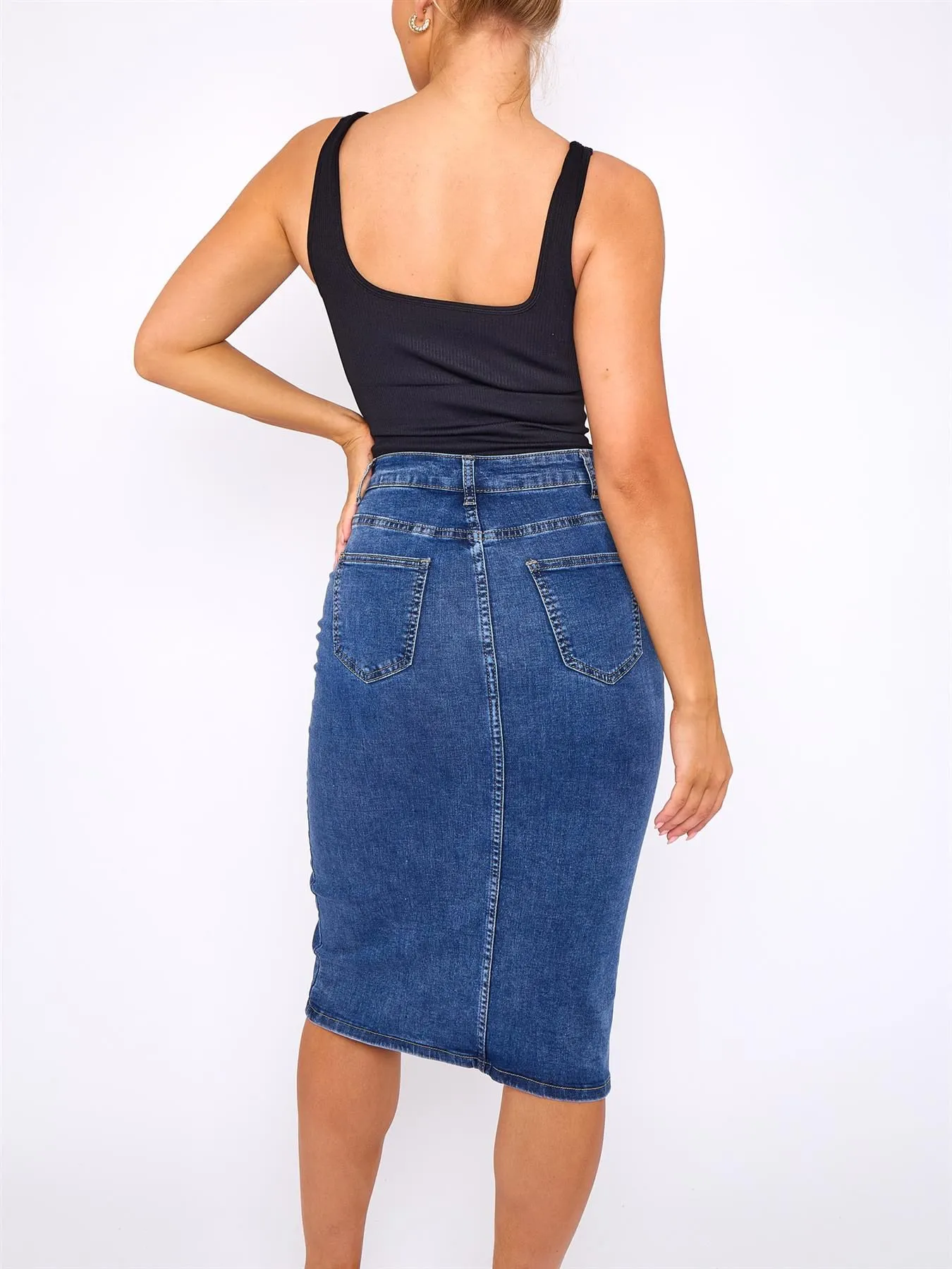 High Waisted Stretch Denim Pencil Skirt, Mid Blue, UK Sizes 6 to 14