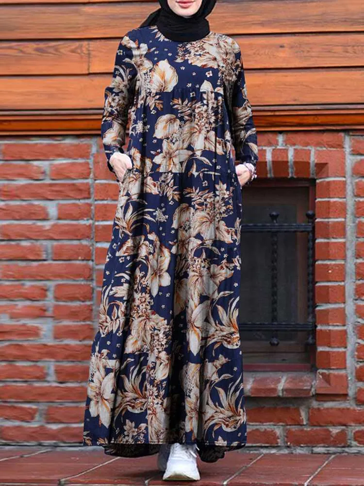 Hijab Dress Women Vintage Floral Printed Maxi Long Sleeve