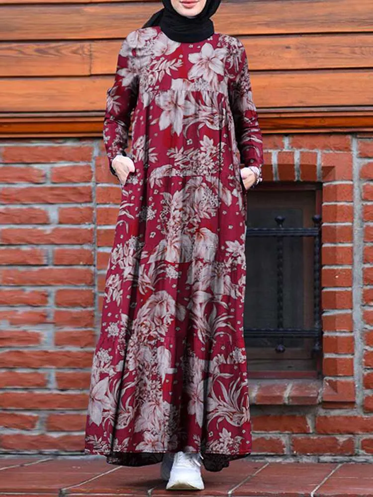 Hijab Dress Women Vintage Floral Printed Maxi Long Sleeve