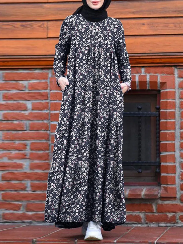 Hijab Dress Women Vintage Floral Printed Maxi Long Sleeve