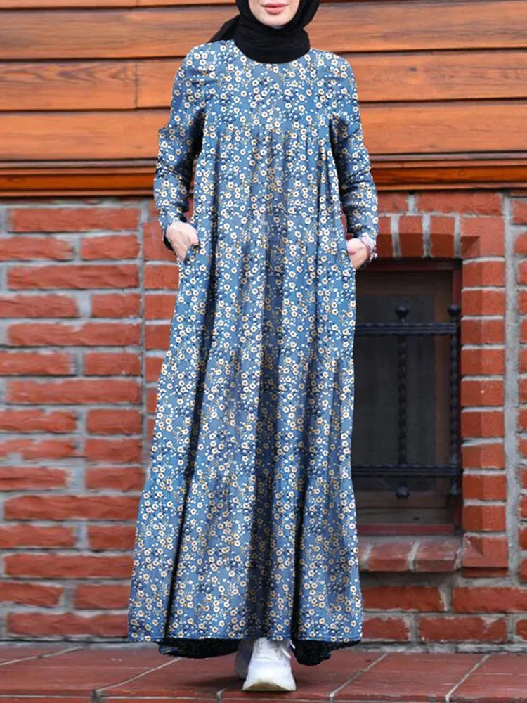 Hijab Dress Women Vintage Floral Printed Maxi Long Sleeve