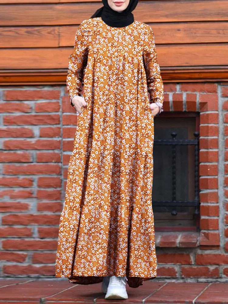 Hijab Dress Women Vintage Floral Printed Maxi Long Sleeve