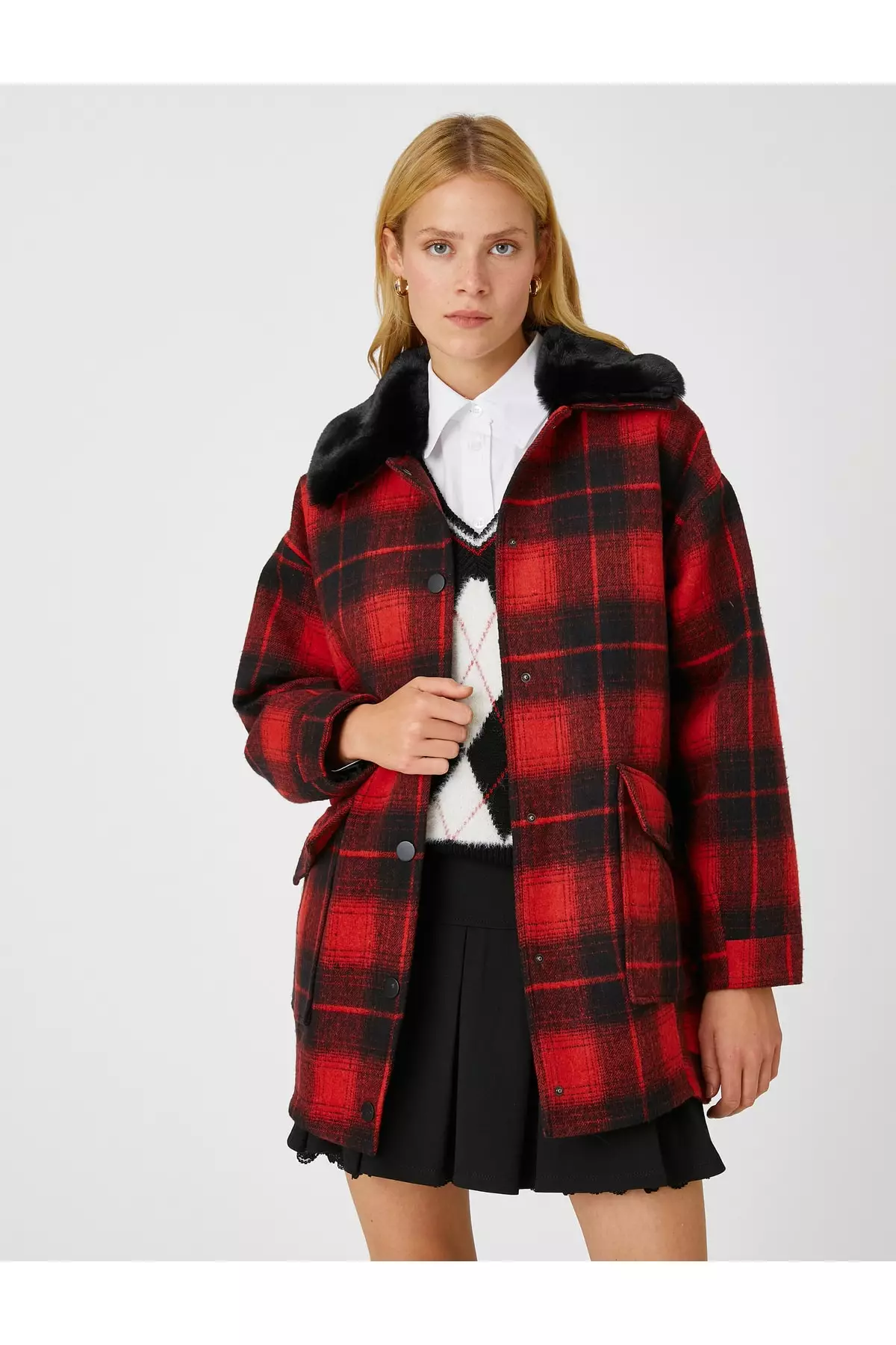 KOTON Checkered Wool Coat