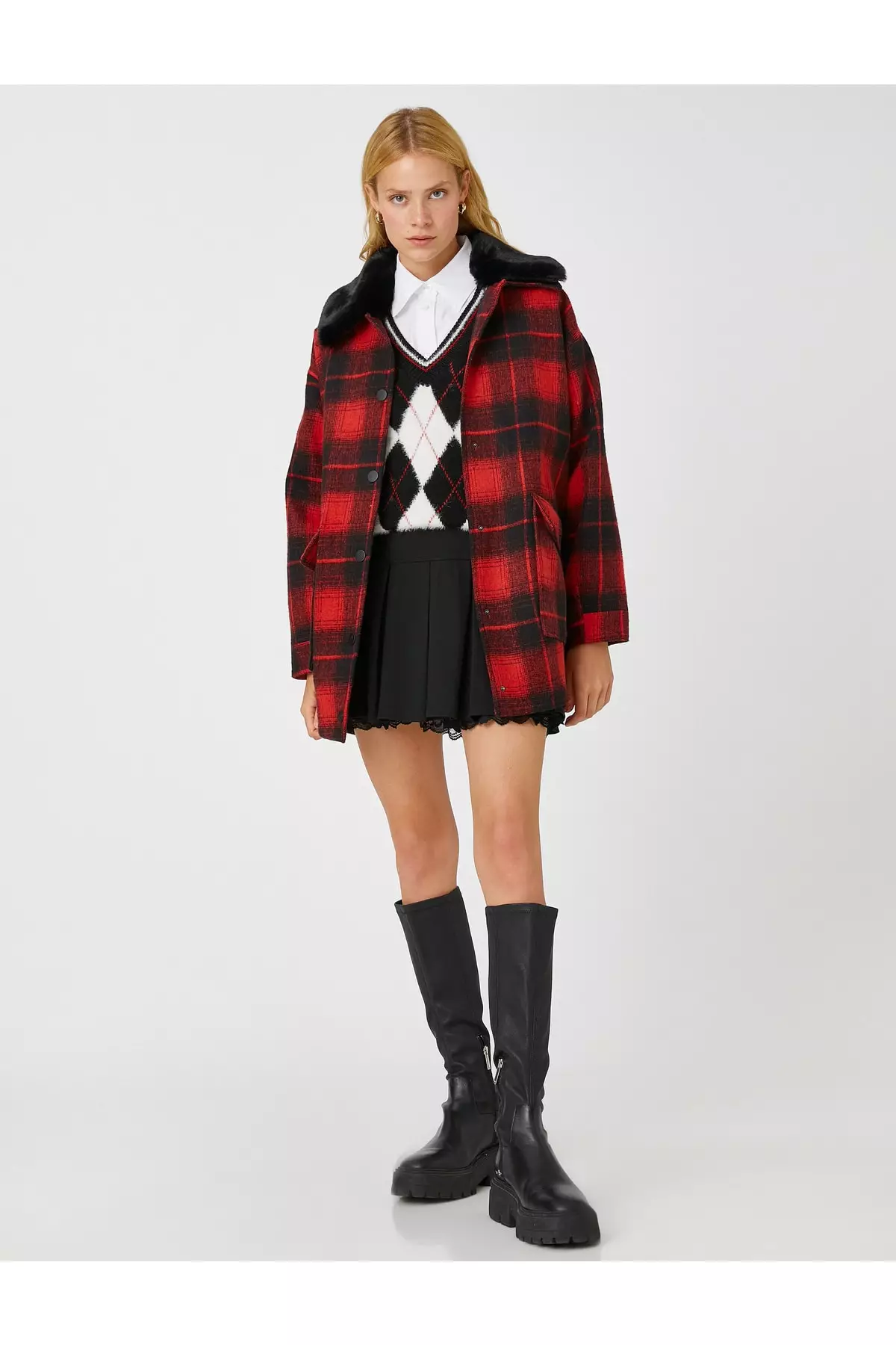 KOTON Checkered Wool Coat