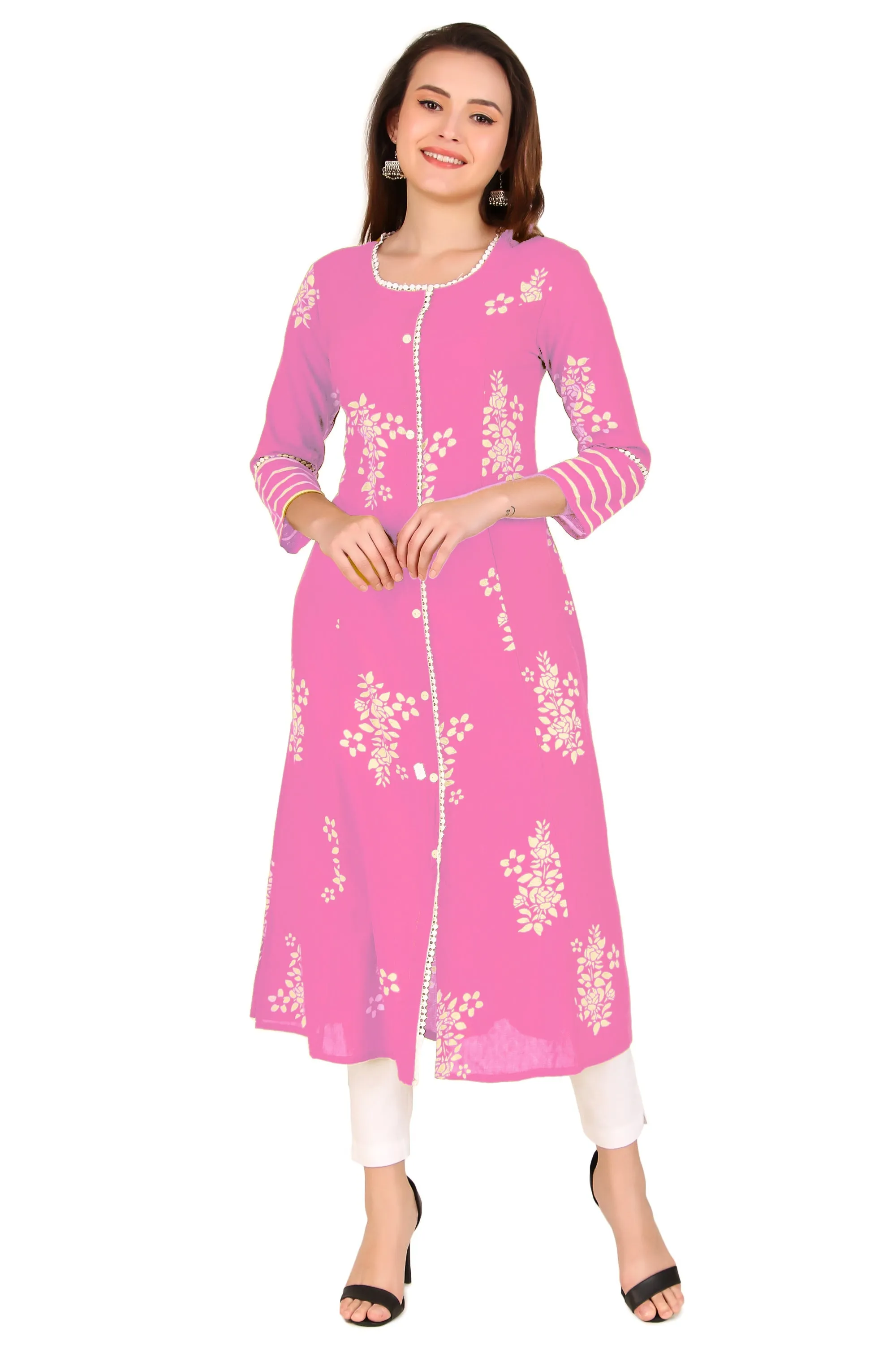 Ladyline Cotton Lace Long Tunic Top Button Down Princess Front Slit Indian Kurti Kurta Dress