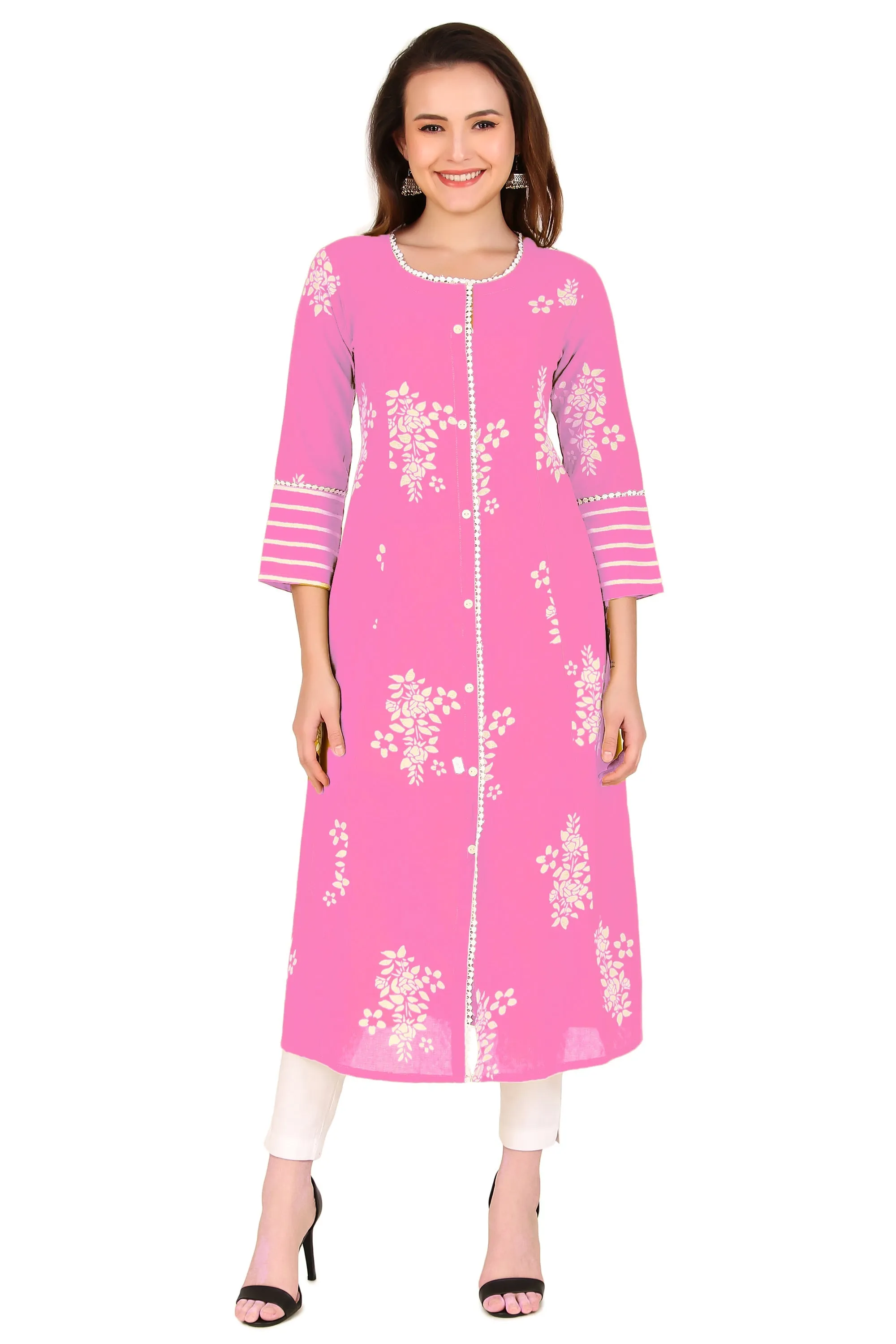 Ladyline Cotton Lace Long Tunic Top Button Down Princess Front Slit Indian Kurti Kurta Dress