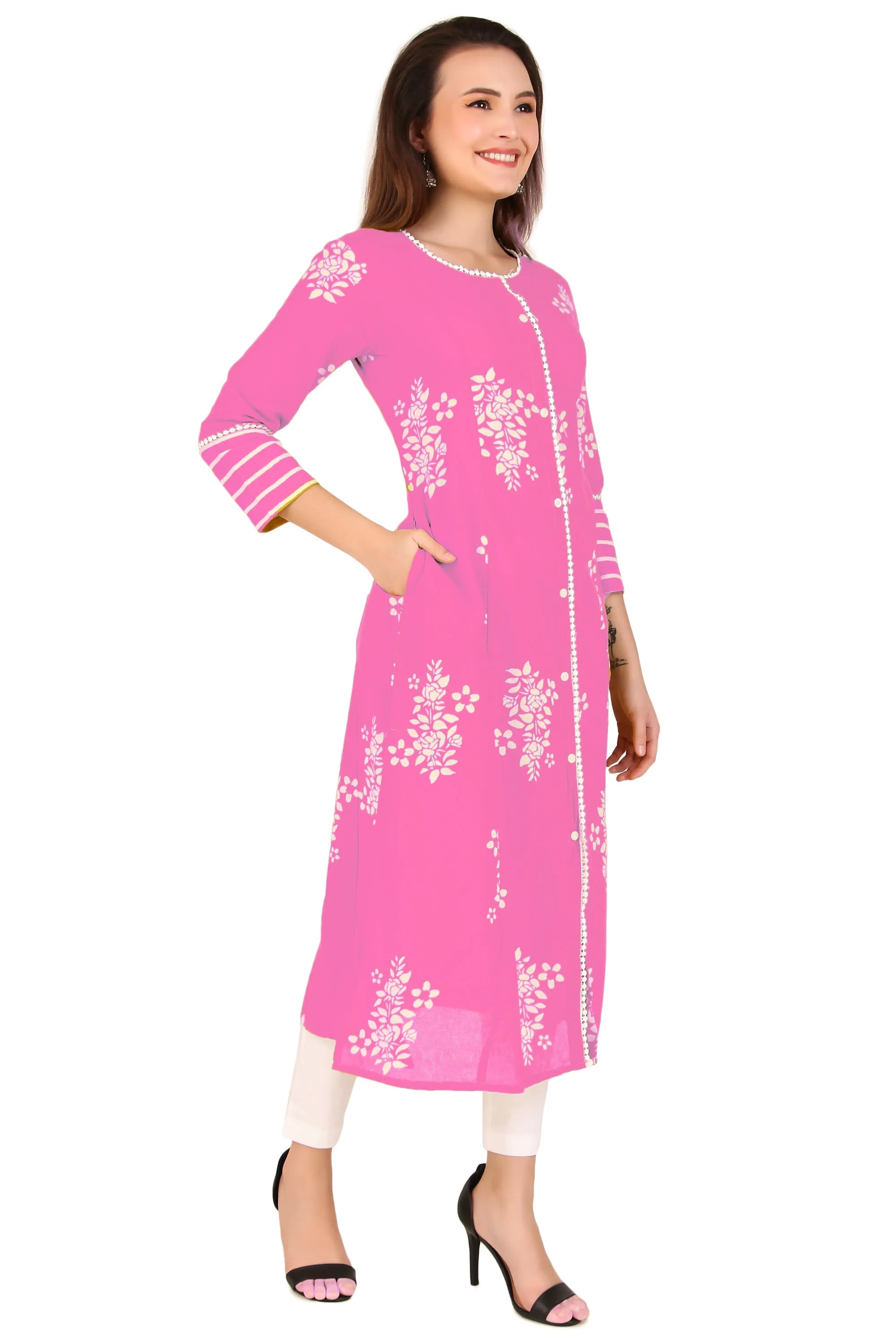 Ladyline Cotton Lace Long Tunic Top Button Down Princess Front Slit Indian Kurti Kurta Dress