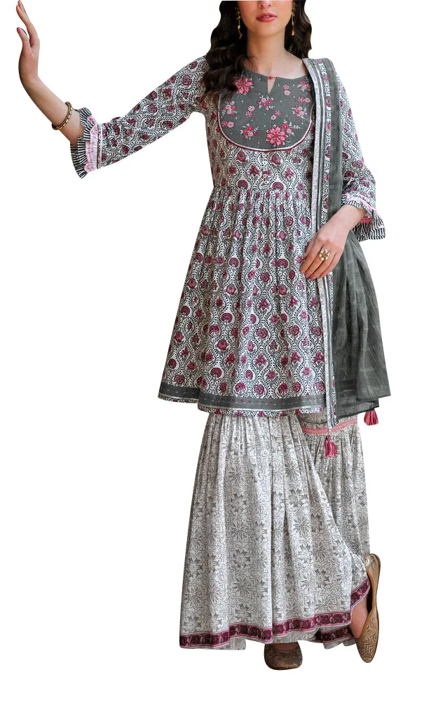 ladyline Ethnic Block Printed Short Tunic with Sharara Pants Salwar Kameez Kurta with Pants Set