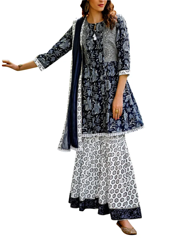 ladyline Ethnic Block Printed Short Tunic with Sharara Pants Salwar Kameez Kurta with Pants Set