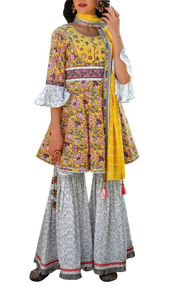 ladyline Ethnic Block Printed Short Tunic with Sharara Pants Salwar Kameez Kurta with Pants Set