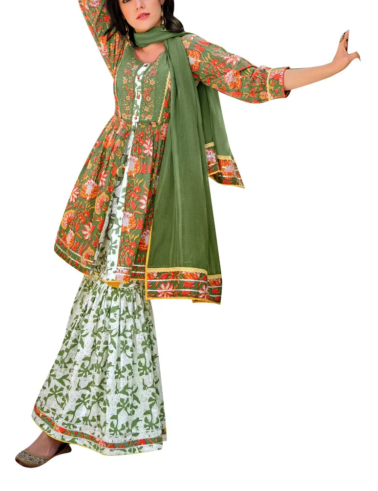 ladyline Ethnic Block Printed Short Tunic with Sharara Pants Salwar Kameez Kurta with Pants Set