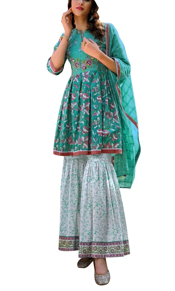 ladyline Ethnic Block Printed Short Tunic with Sharara Pants Salwar Kameez Kurta with Pants Set