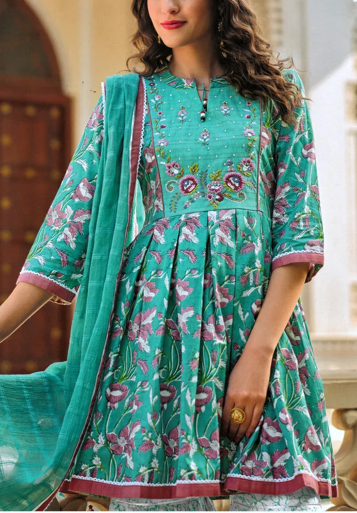 ladyline Ethnic Block Printed Short Tunic with Sharara Pants Salwar Kameez Kurta with Pants Set