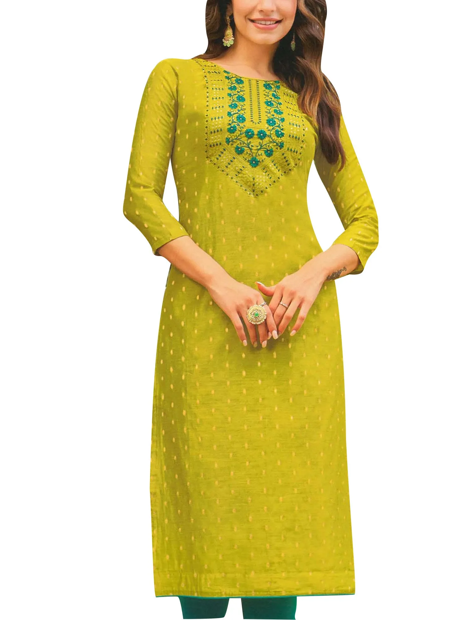 ladyline Jacquard Silk Embroidered Kurti for Women Tunic Top Indian Kurta Dress