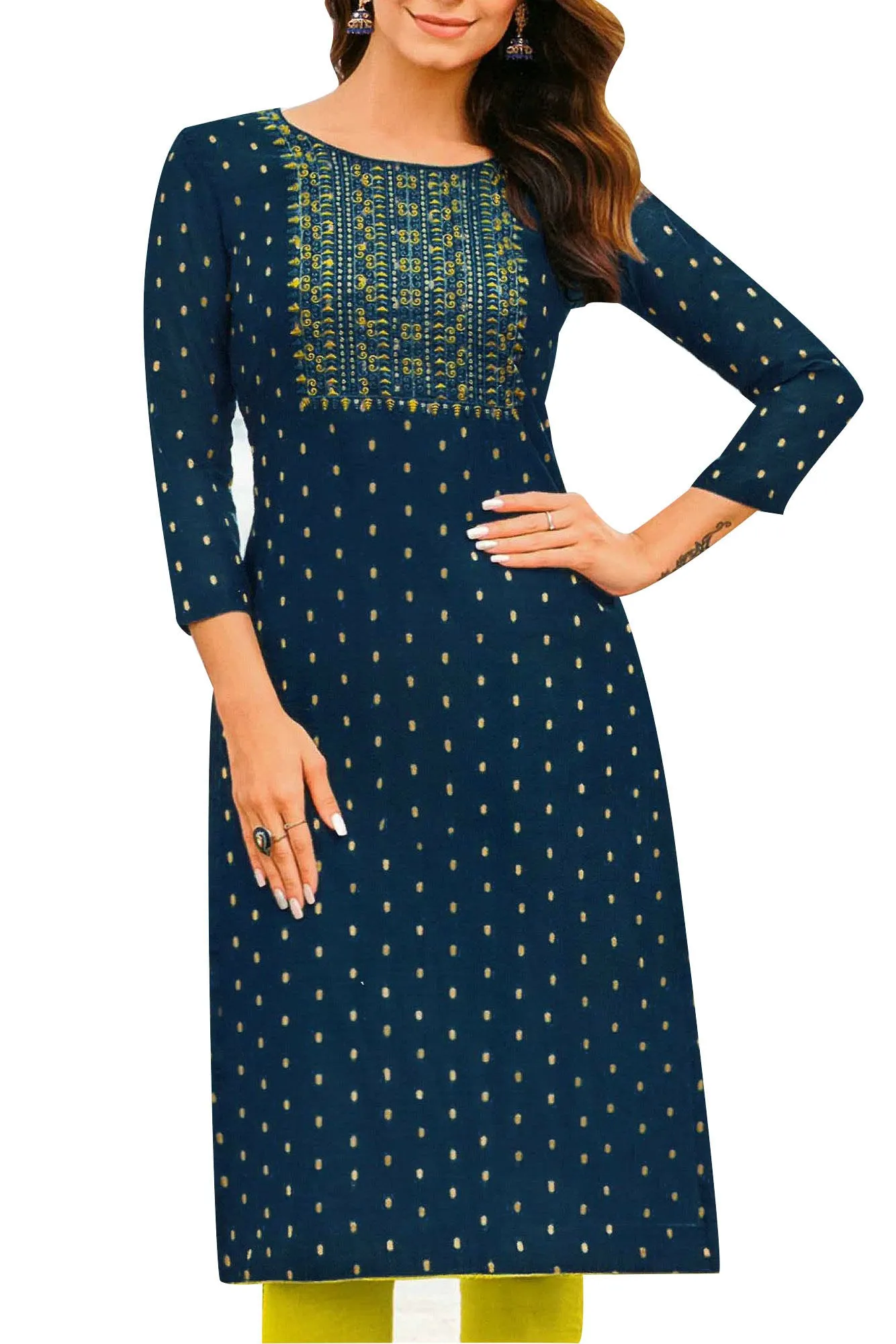 ladyline Jacquard Silk Embroidered Kurti for Women Tunic Top Indian Kurta Dress