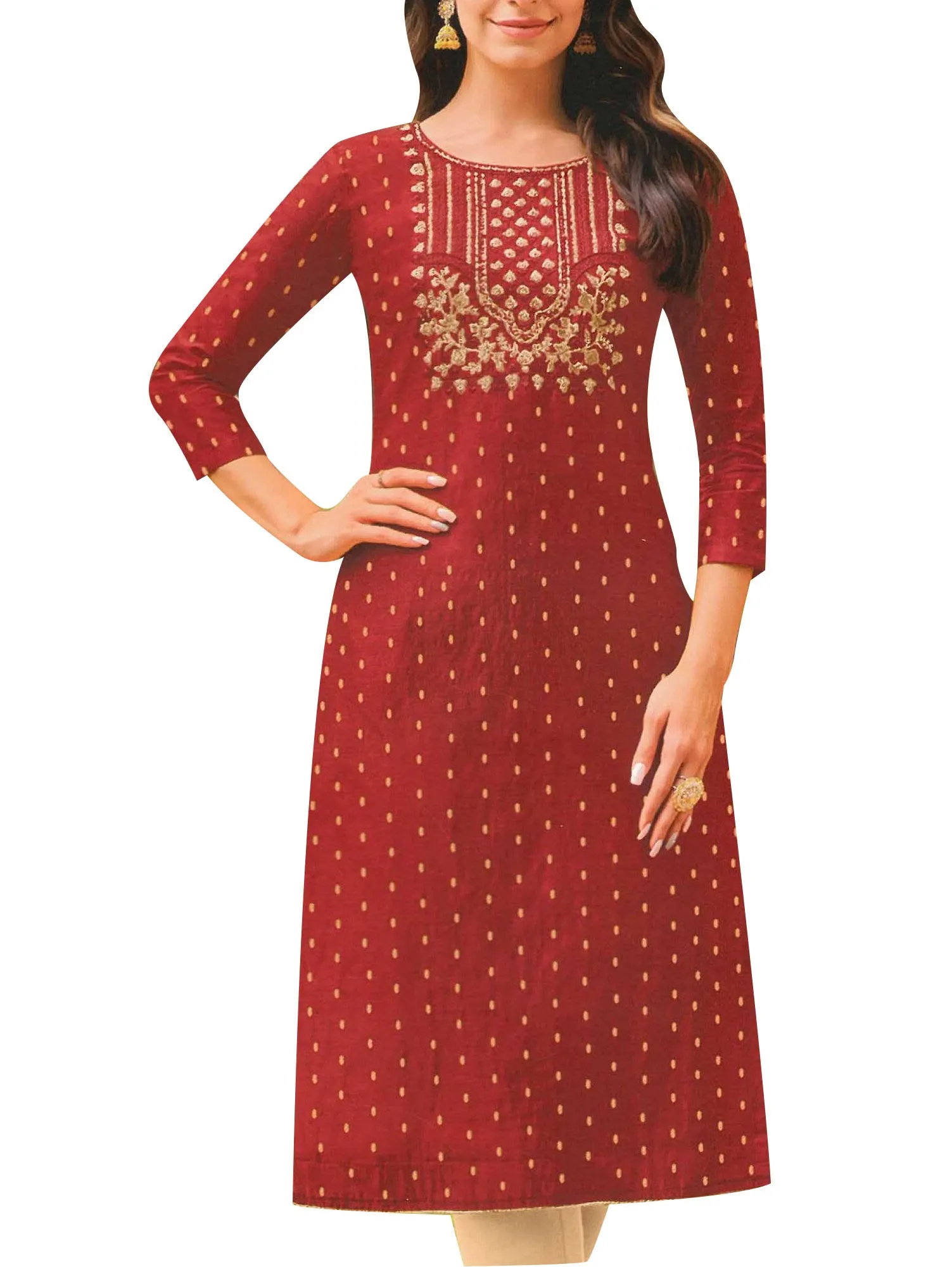 ladyline Jacquard Silk Embroidered Kurti for Women Tunic Top Indian Kurta Dress