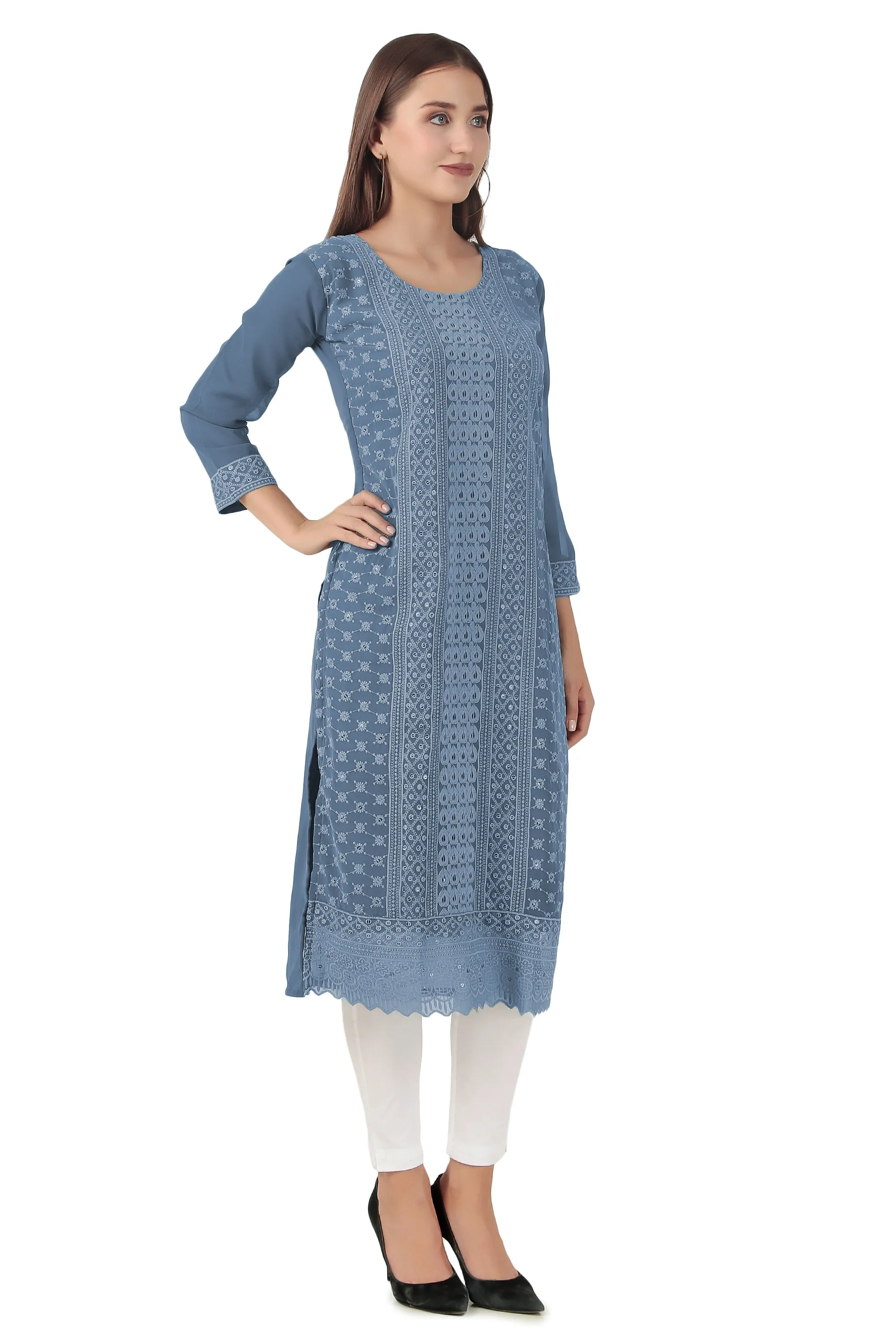 Ladyline Long Tunic Kurti Womens Georgette Chikankari Embroidered Sequins Kurta Top