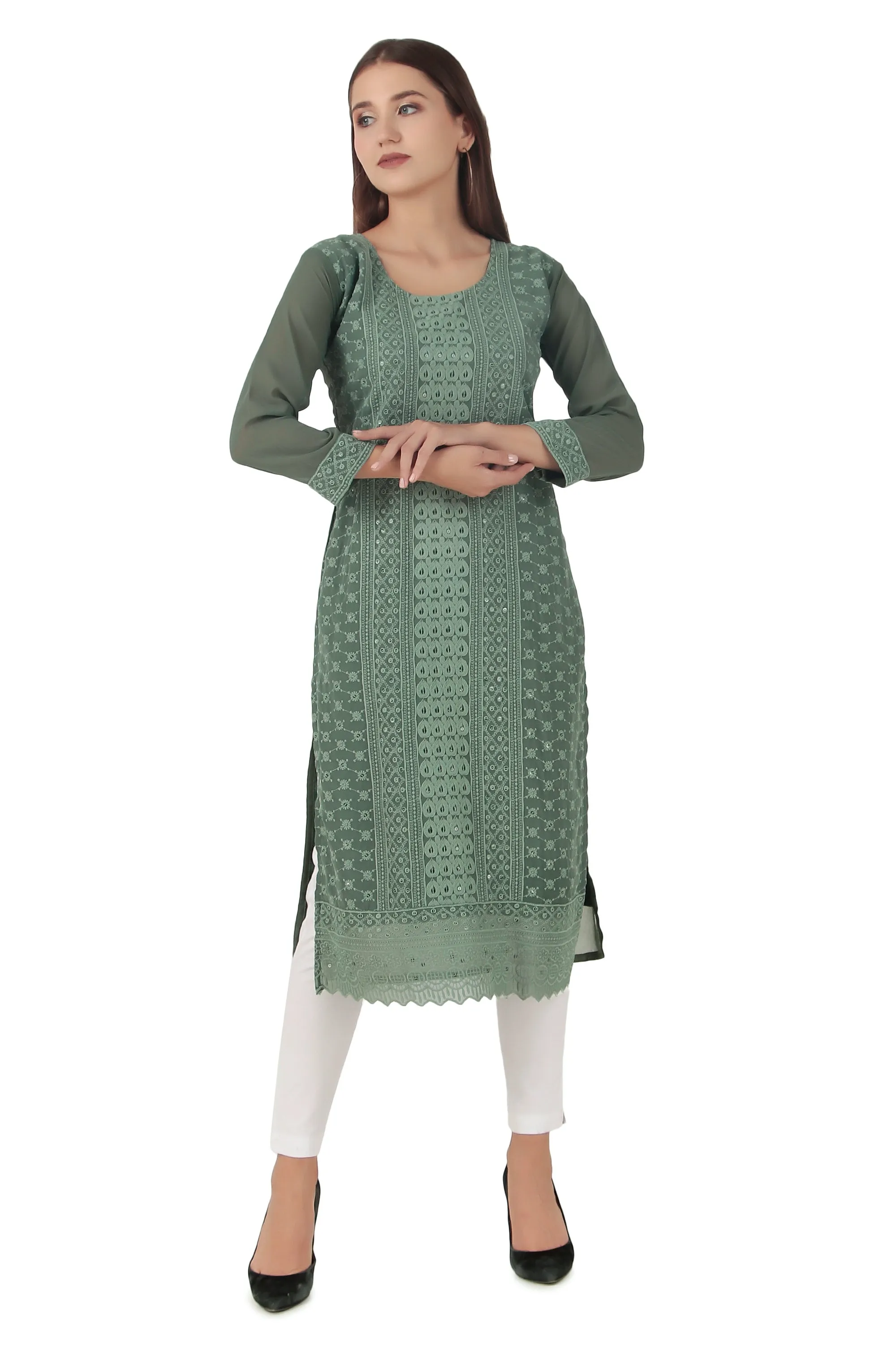 Ladyline Long Tunic Kurti Womens Georgette Chikankari Embroidered Sequins Kurta Top