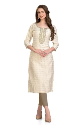 Ladyline Womens Brocade Silk Tunic Kurti Top Formal Golden Embroidery Kurta Round Neck