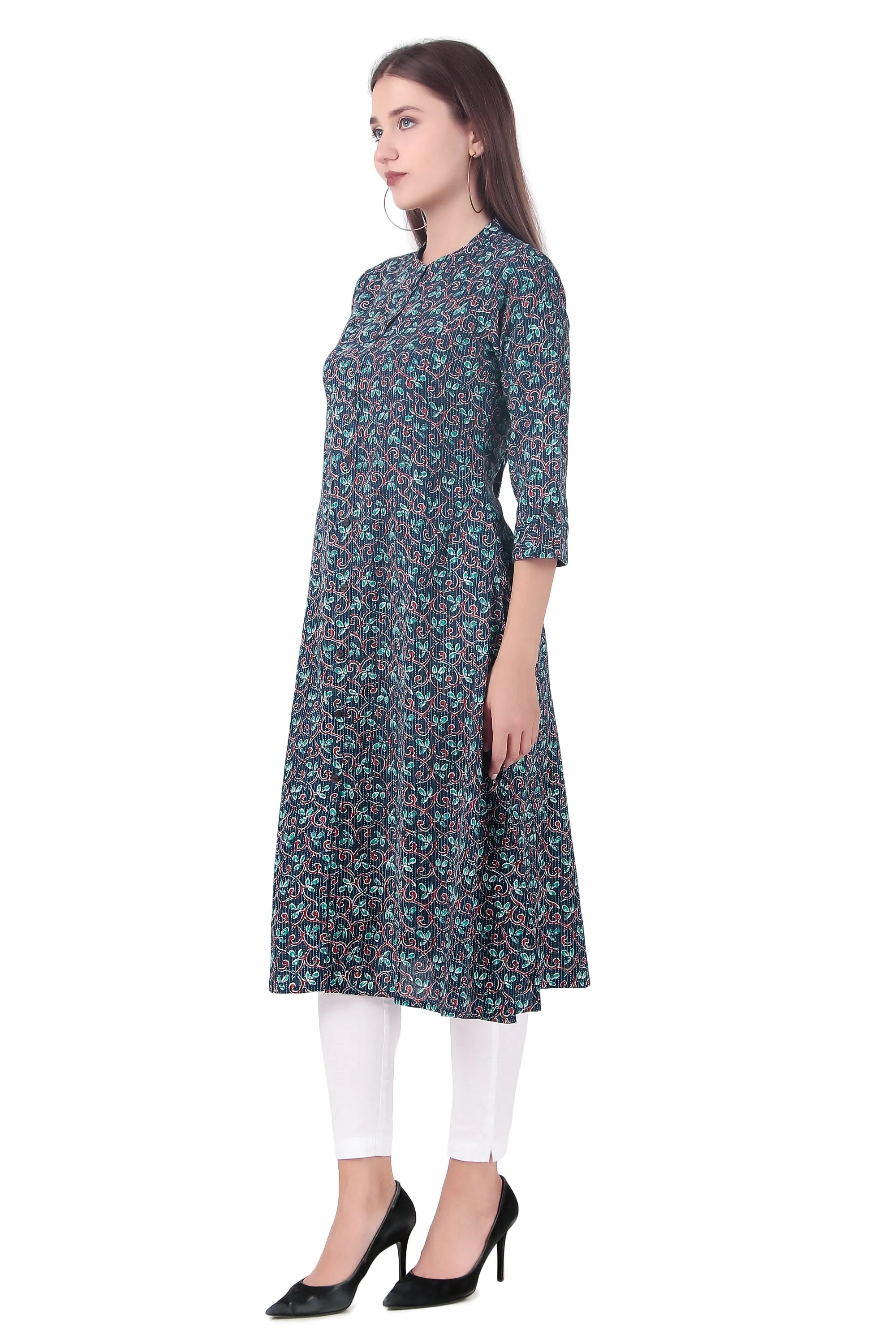 Ladyline Women's Cotton Printed Tunic Top Front Slit Roll-Up Sleeves Buttons Down Pocket Long Kurti Kurta