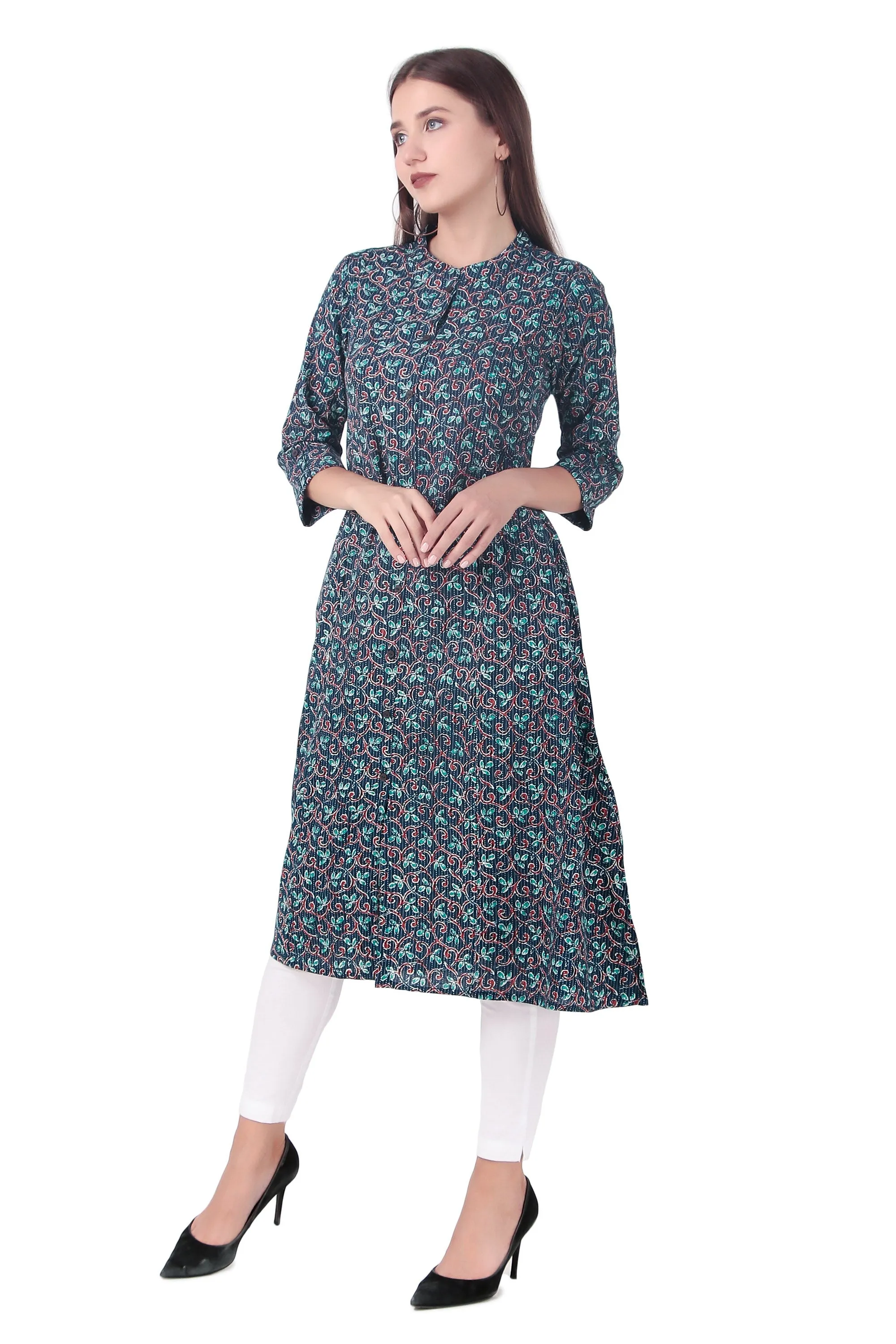 Ladyline Women's Cotton Printed Tunic Top Front Slit Roll-Up Sleeves Buttons Down Pocket Long Kurti Kurta