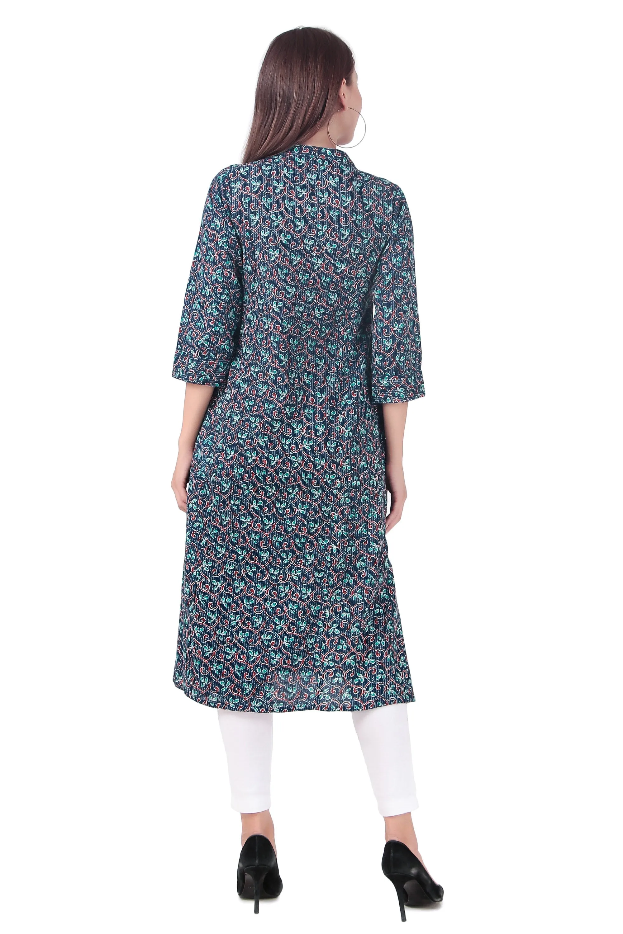 Ladyline Women's Cotton Printed Tunic Top Front Slit Roll-Up Sleeves Buttons Down Pocket Long Kurti Kurta