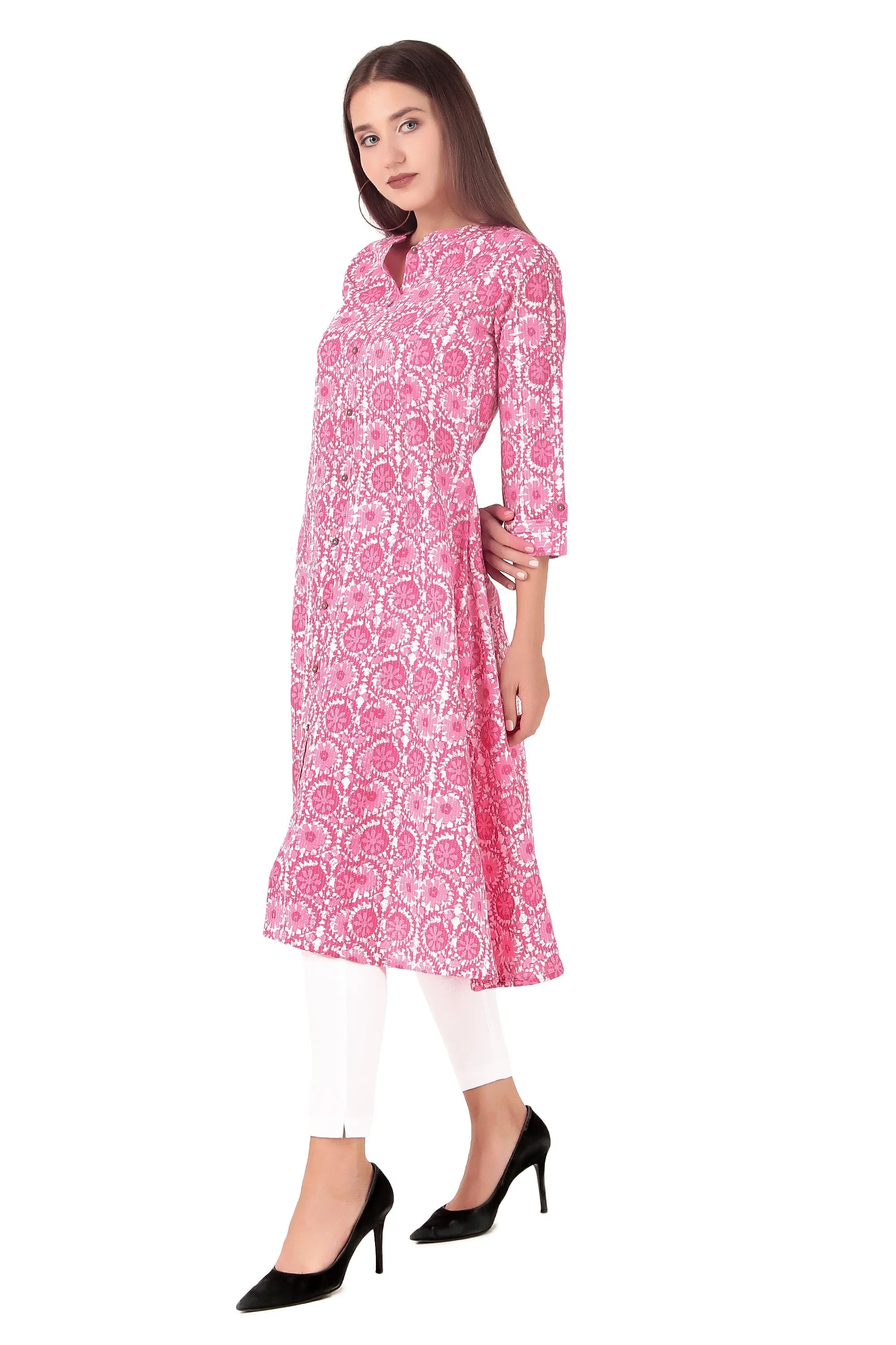 Ladyline Women's Cotton Printed Tunic Top Front Slit Roll-Up Sleeves Buttons Down Pocket Long Kurti Kurta