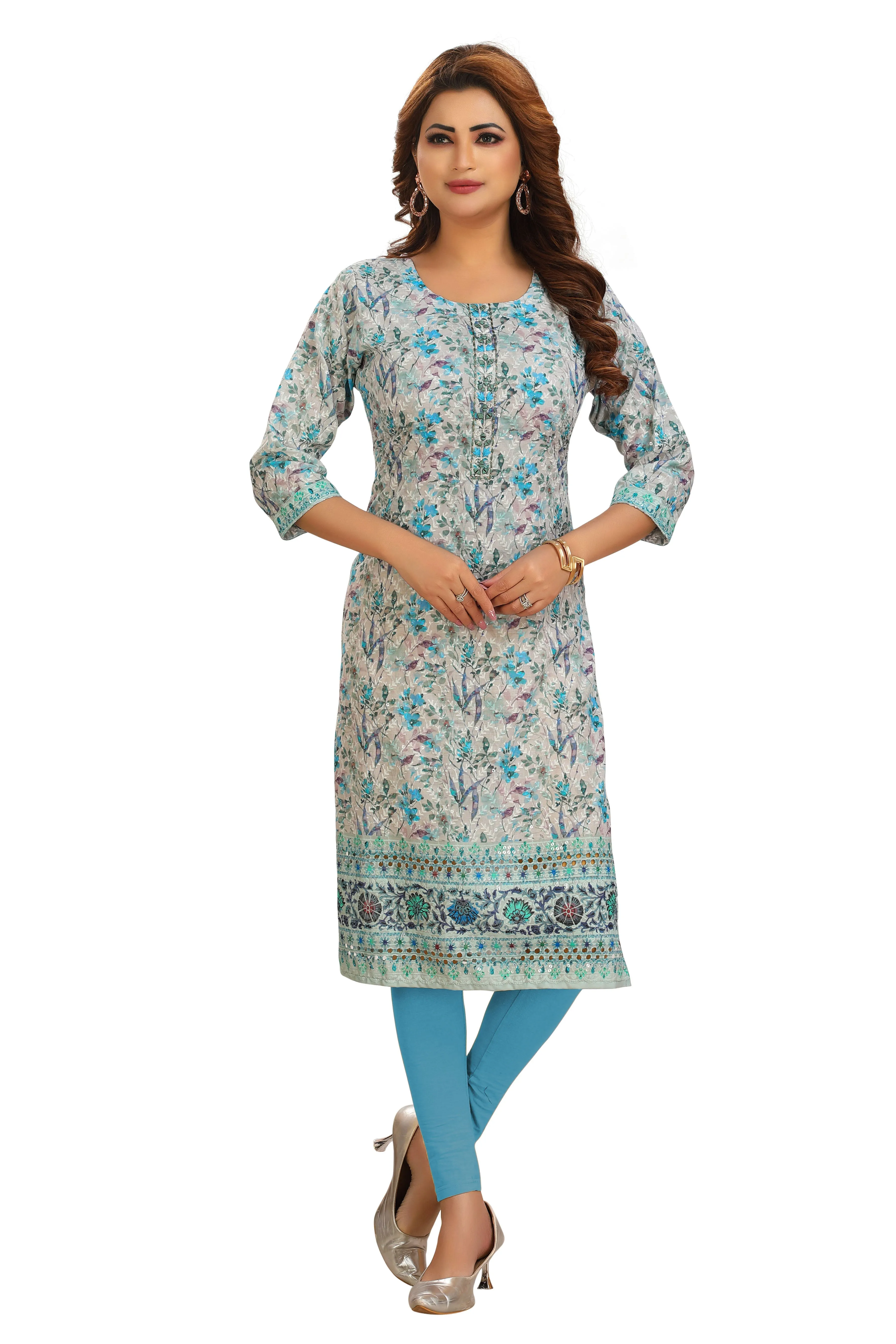 Ladyline Women's Cotton Tunic Top - Chikankari Embroidery with Mirror Work, Floral Print Kurti/Kurta