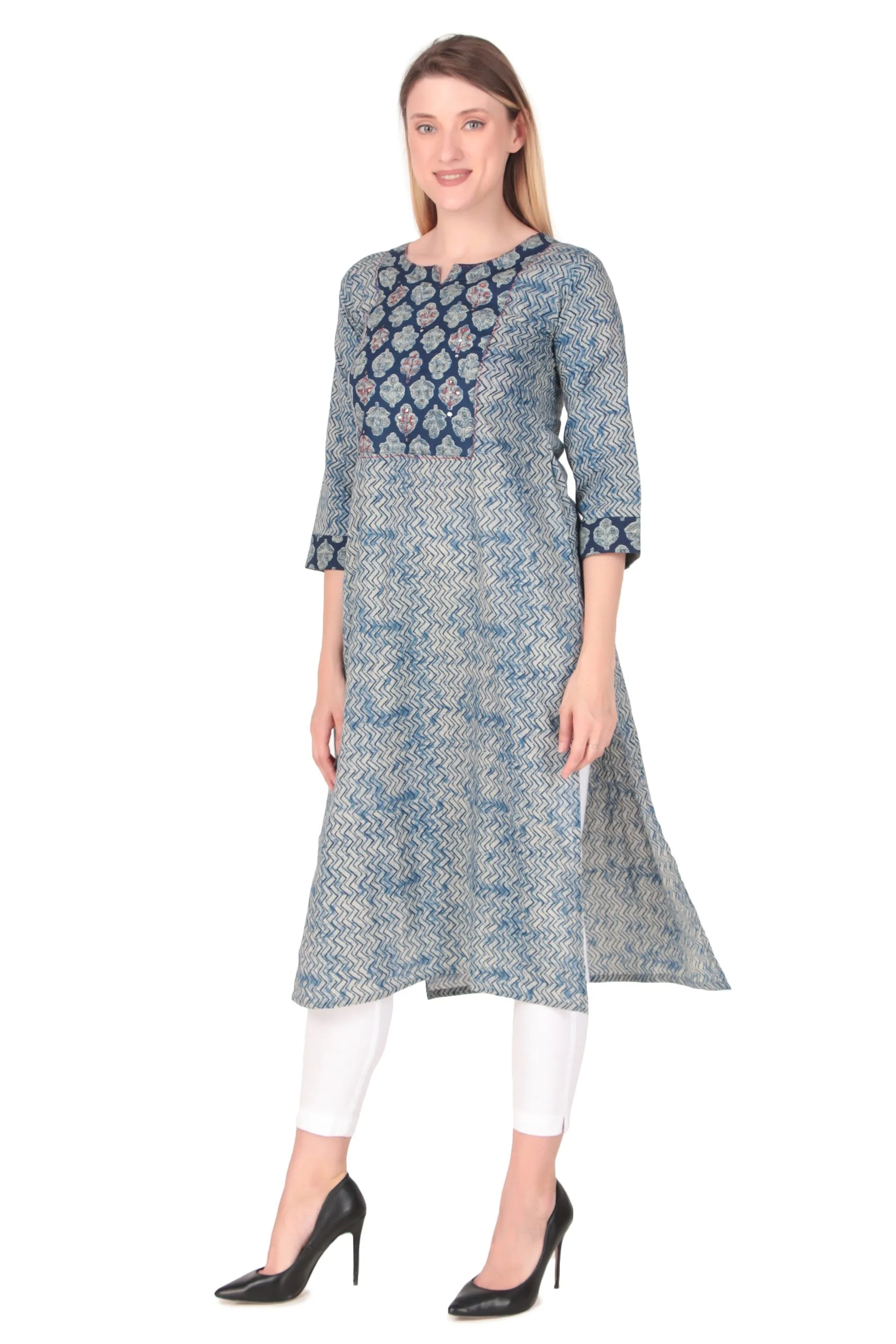 Ladyline Womens Ethnic Printed Hand Work Kurti Tunic in Cotton Knee Length Kurta Top