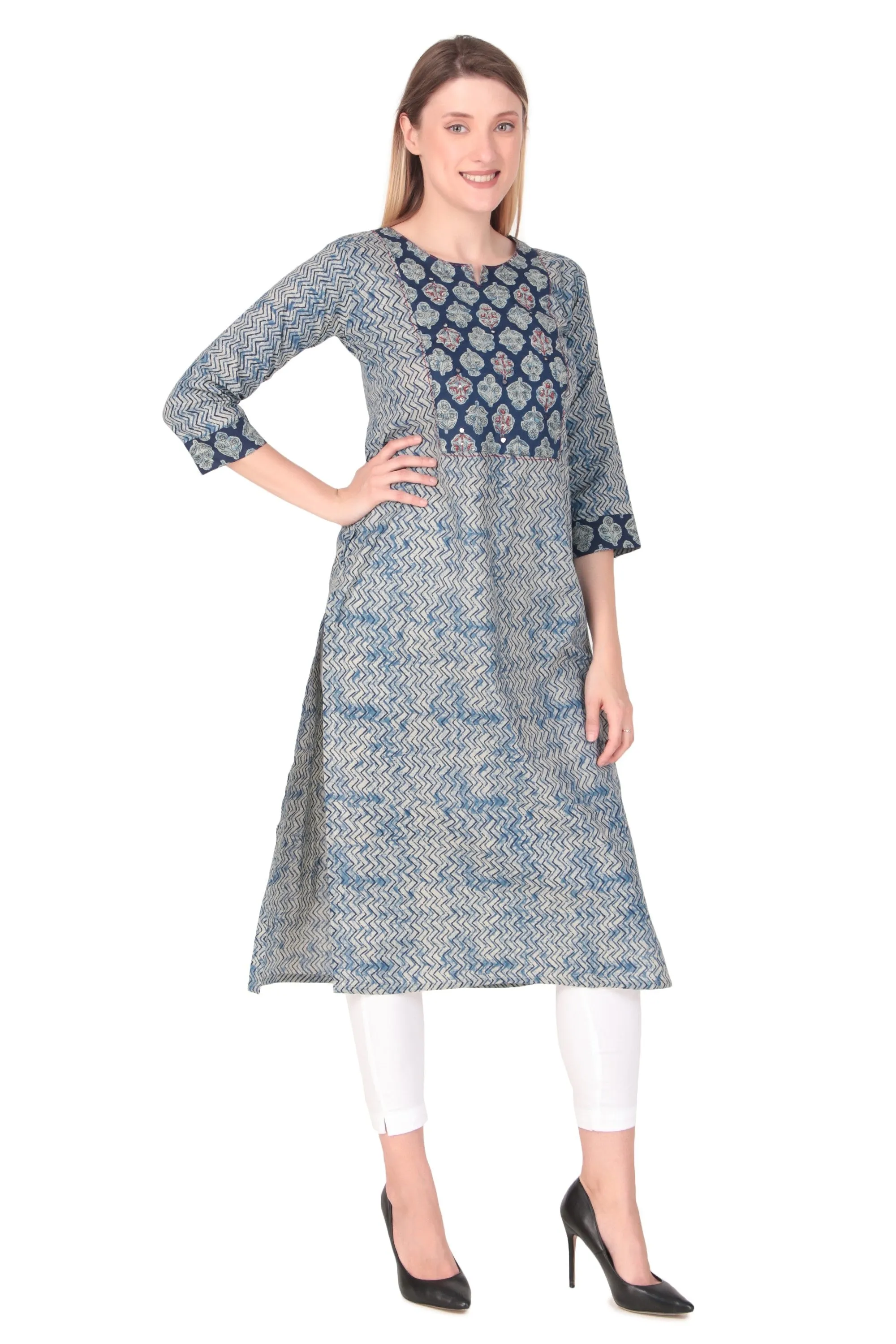 Ladyline Womens Ethnic Printed Hand Work Kurti Tunic in Cotton Knee Length Kurta Top