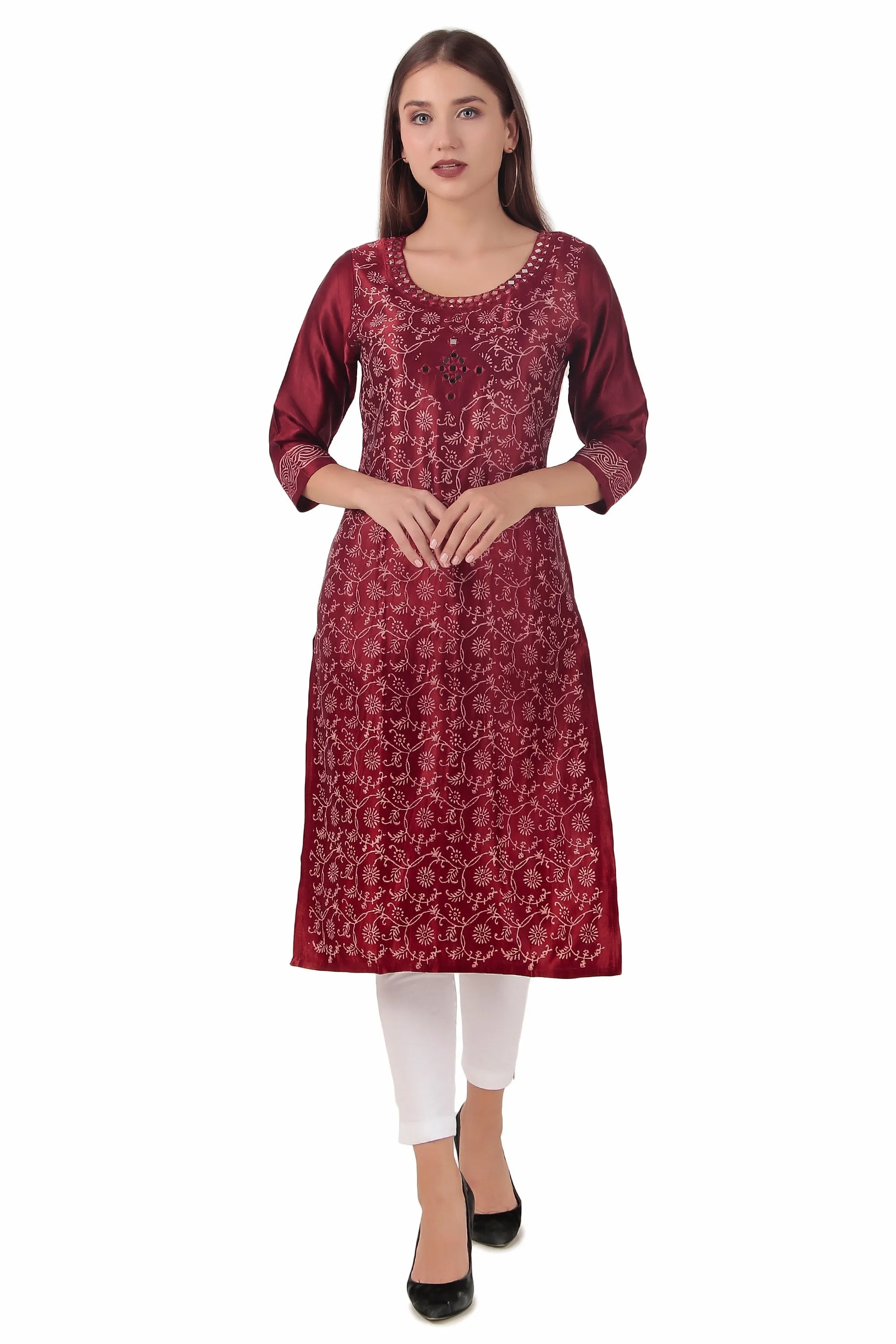 Ladyline Women's Formal Gaji Silk Tunic Kurti - Hand Block Printed and Mirror Work Indian Kurta