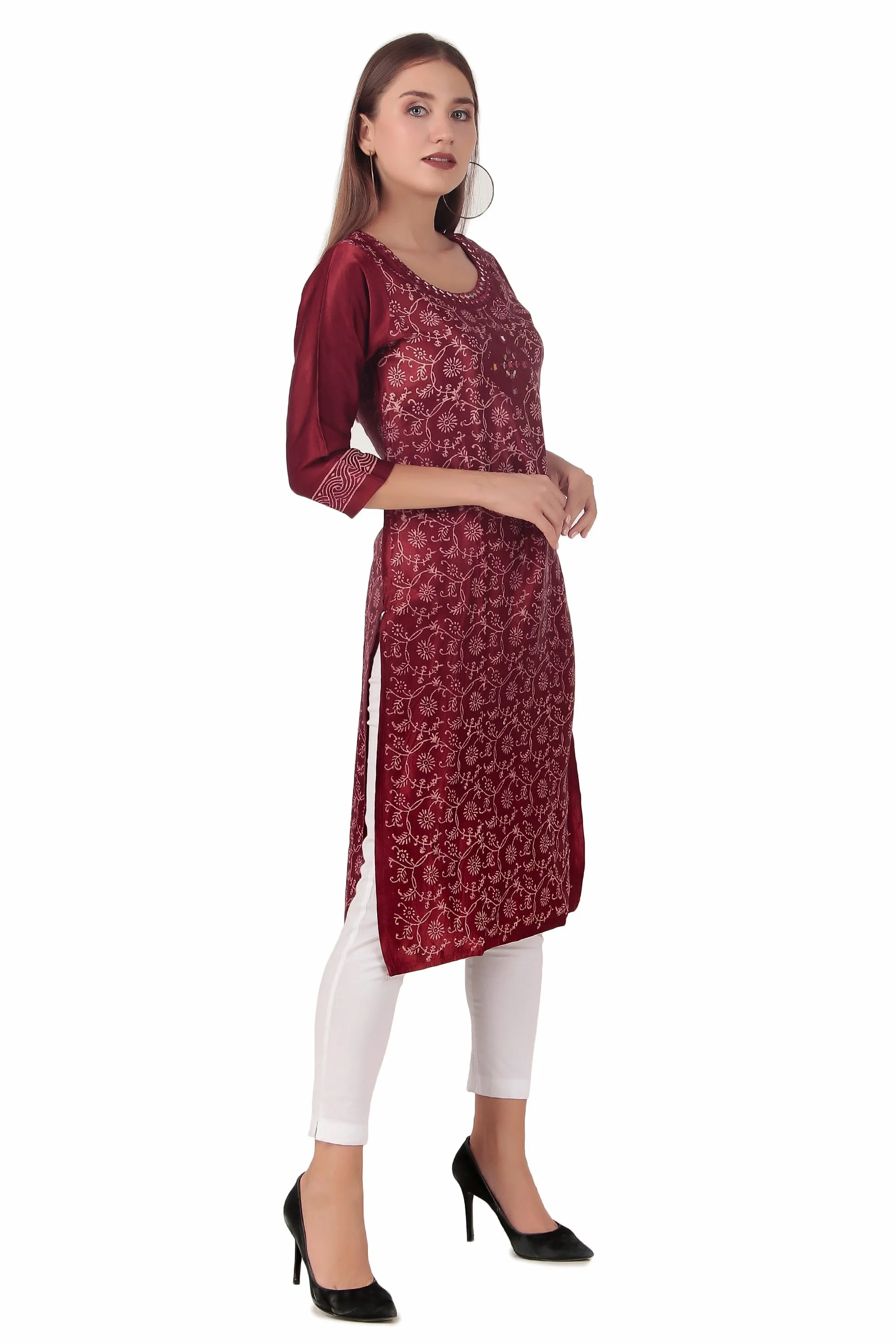 Ladyline Women's Formal Gaji Silk Tunic Kurti - Hand Block Printed and Mirror Work Indian Kurta