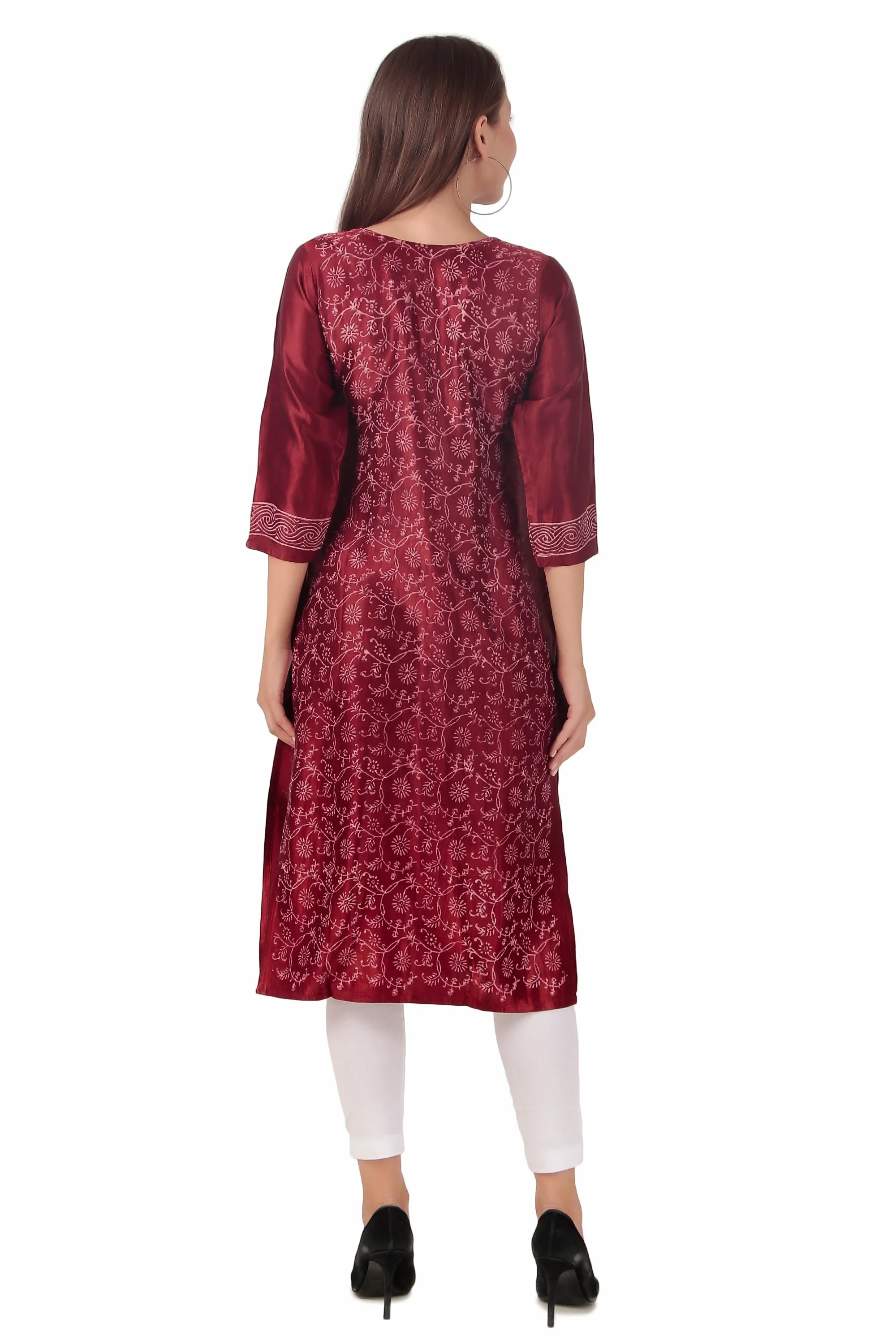 Ladyline Women's Formal Gaji Silk Tunic Kurti - Hand Block Printed and Mirror Work Indian Kurta