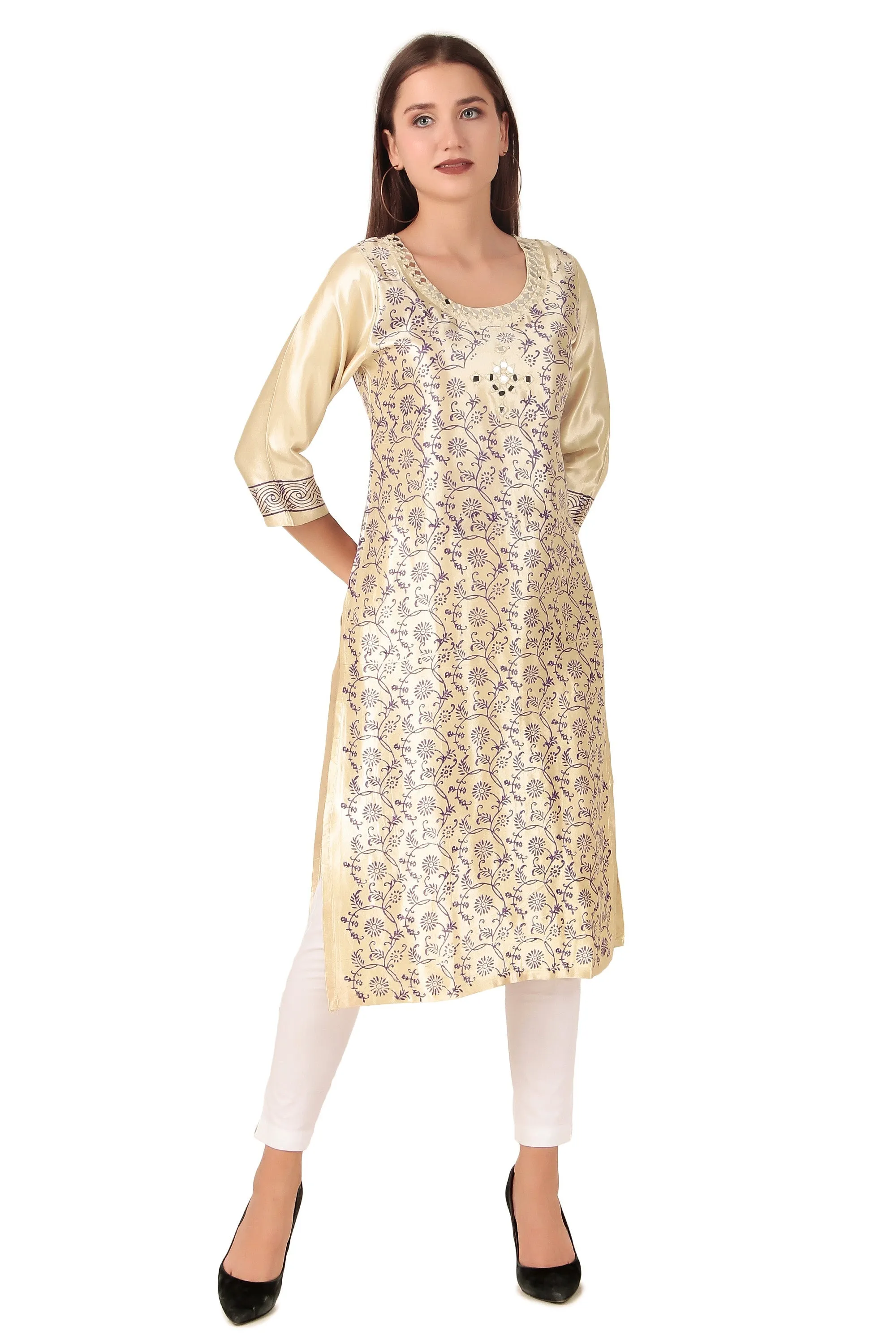 Ladyline Women's Formal Gaji Silk Tunic Kurti - Hand Block Printed and Mirror Work Indian Kurta