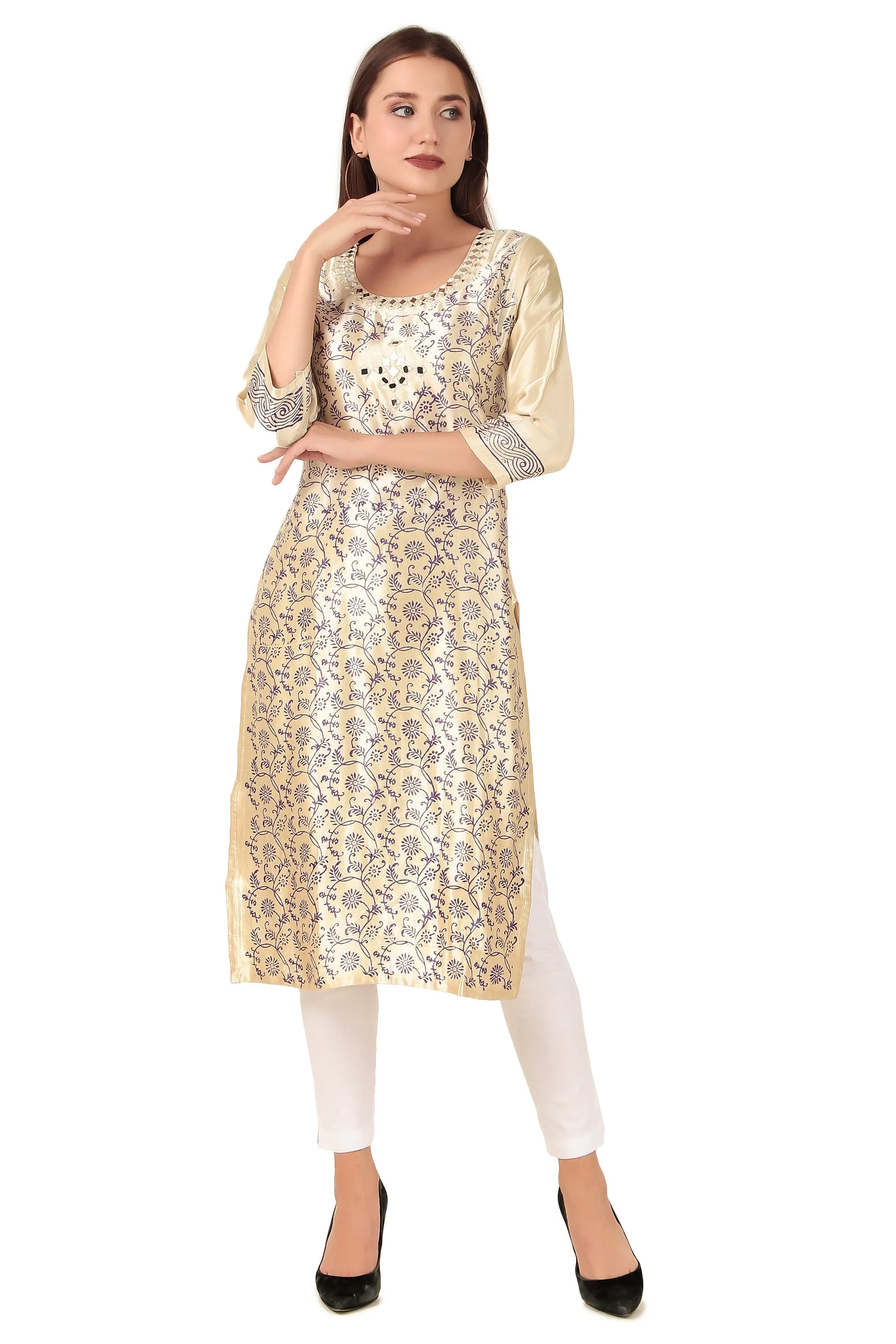 Ladyline Women's Formal Gaji Silk Tunic Kurti - Hand Block Printed and Mirror Work Indian Kurta