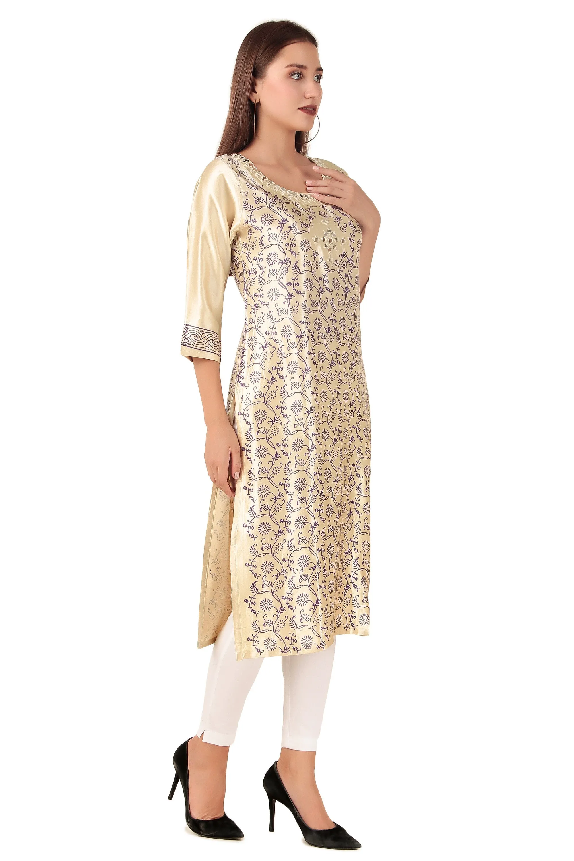 Ladyline Women's Formal Gaji Silk Tunic Kurti - Hand Block Printed and Mirror Work Indian Kurta